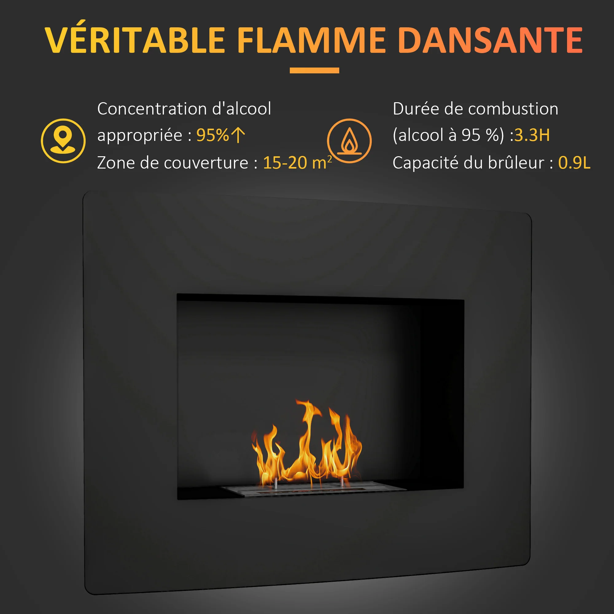 Cheminée bioéthanol encastrable, cheminée à l'éthanol avec volume de 0,9 litre, environ 3,3 h durée de combustion, poêle bioéthanol en acier inoxydable, 66 x 16 x 52 cm, noir - Image 5