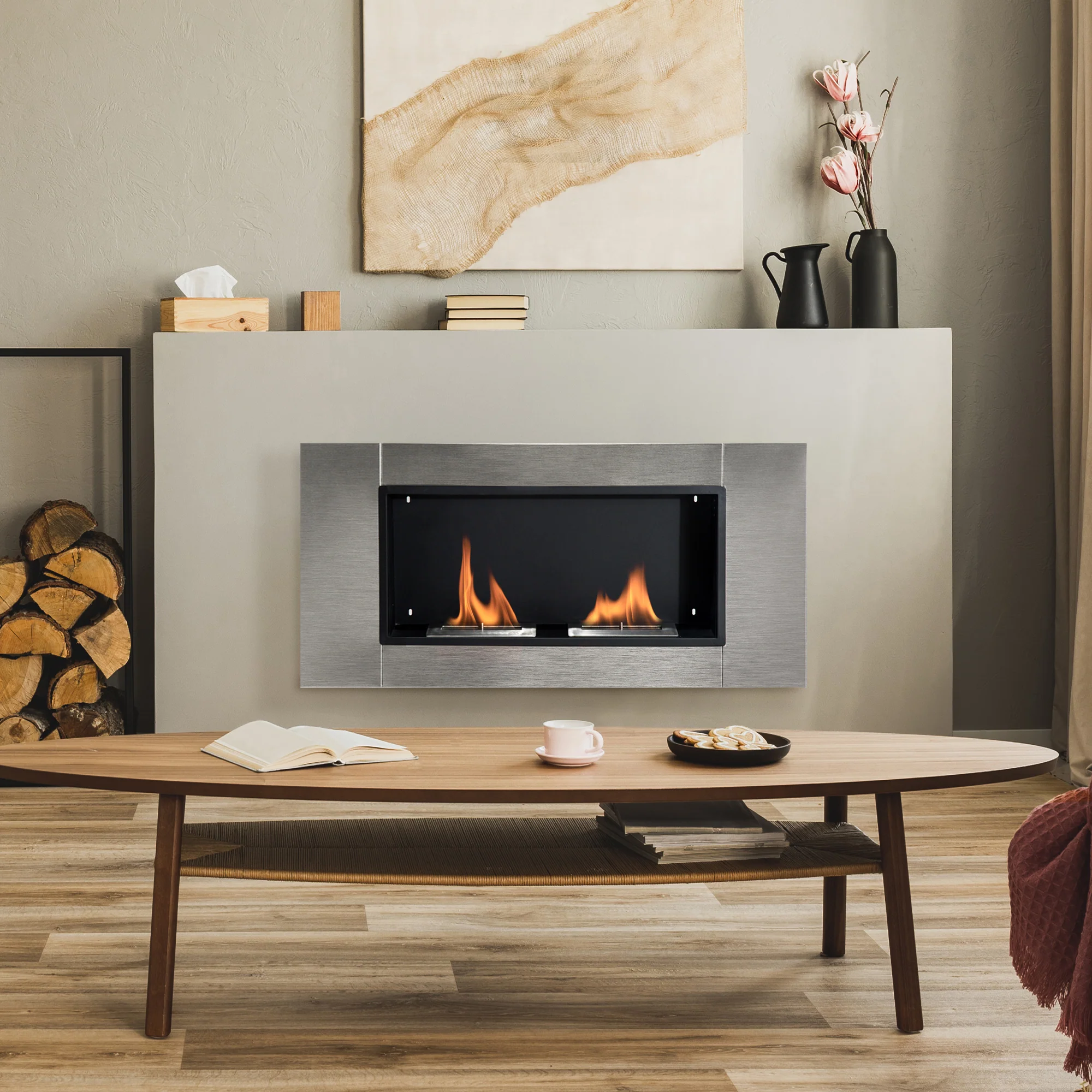 Cheminée bioéthanol Murale encastrable brûleur 2*0,9 L, environ 3 h de durée de combustion 110L x 14,5l x 54H cm Couverture 25-30 m² Acier inox - Image 3