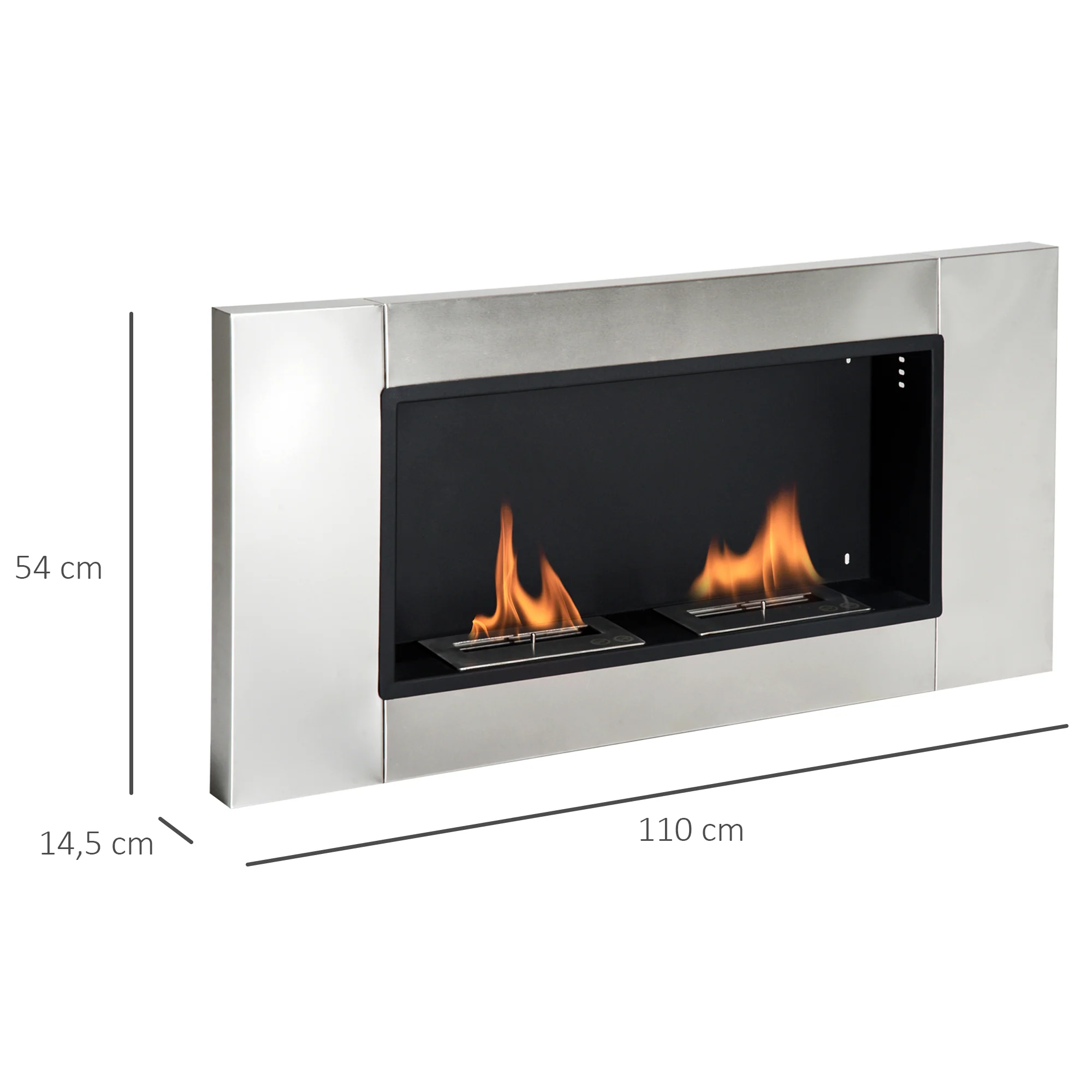 Cheminée bioéthanol Murale encastrable brûleur 2*0,9 L, environ 3 h de durée de combustion 110L x 14,5l x 54H cm Couverture 25-30 m² Acier inox - Image 4