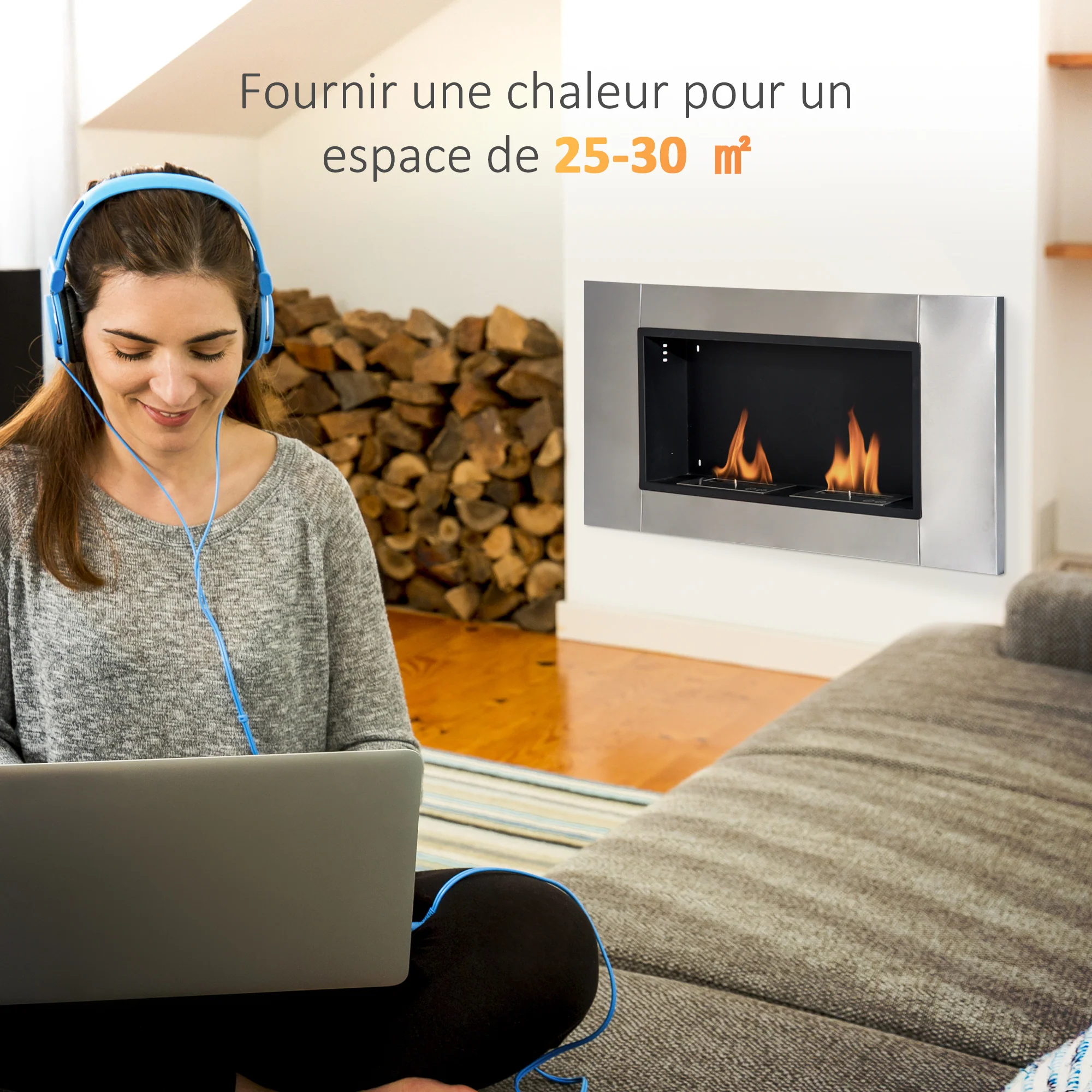 Cheminée bioéthanol Murale encastrable brûleur 2*0,9 L, environ 3 h de durée de combustion 110L x 14,5l x 54H cm Couverture 25-30 m² Acier inox - Image 5
