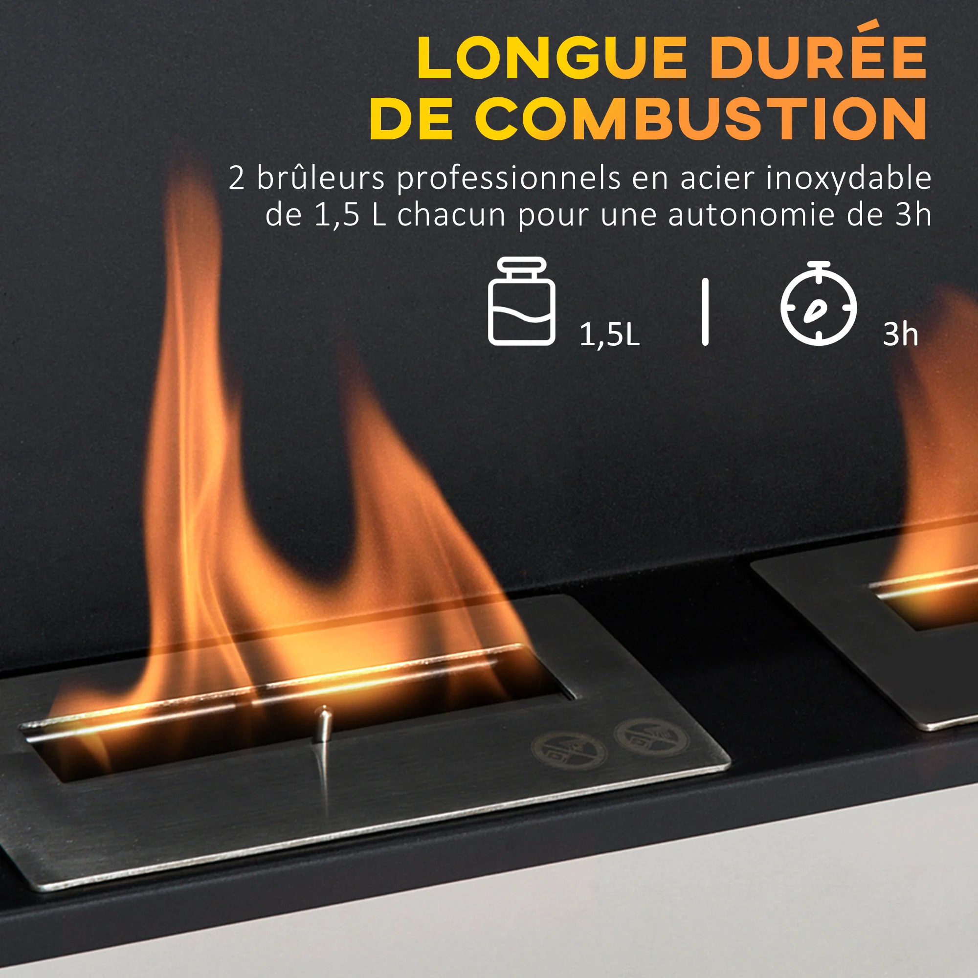 Cheminée bioéthanol Murale encastrable brûleur 2*0,9 L, environ 3 h de durée de combustion 110L x 14,5l x 54H cm Couverture 25-30 m² Acier inox - Image 6
