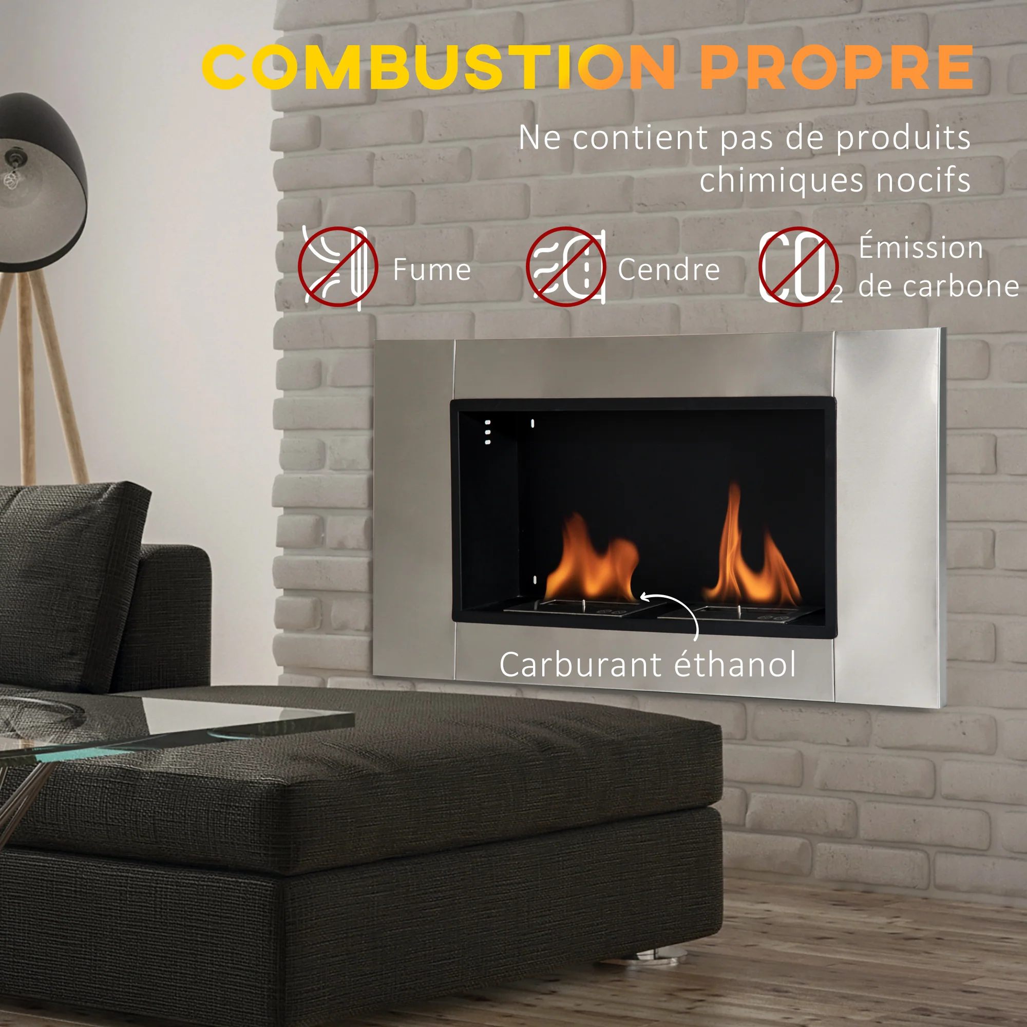 Cheminée bioéthanol Murale encastrable brûleur 2*0,9 L, environ 3 h de durée de combustion 110L x 14,5l x 54H cm Couverture 25-30 m² Acier inox - Image 7