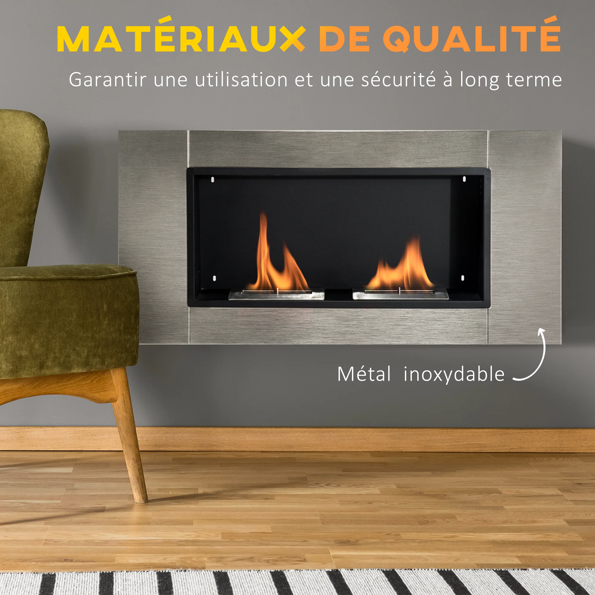 Cheminée bioéthanol Murale encastrable brûleur 2*0,9 L, environ 3 h de durée de combustion 110L x 14,5l x 54H cm Couverture 25-30 m² Acier inox - Image 8