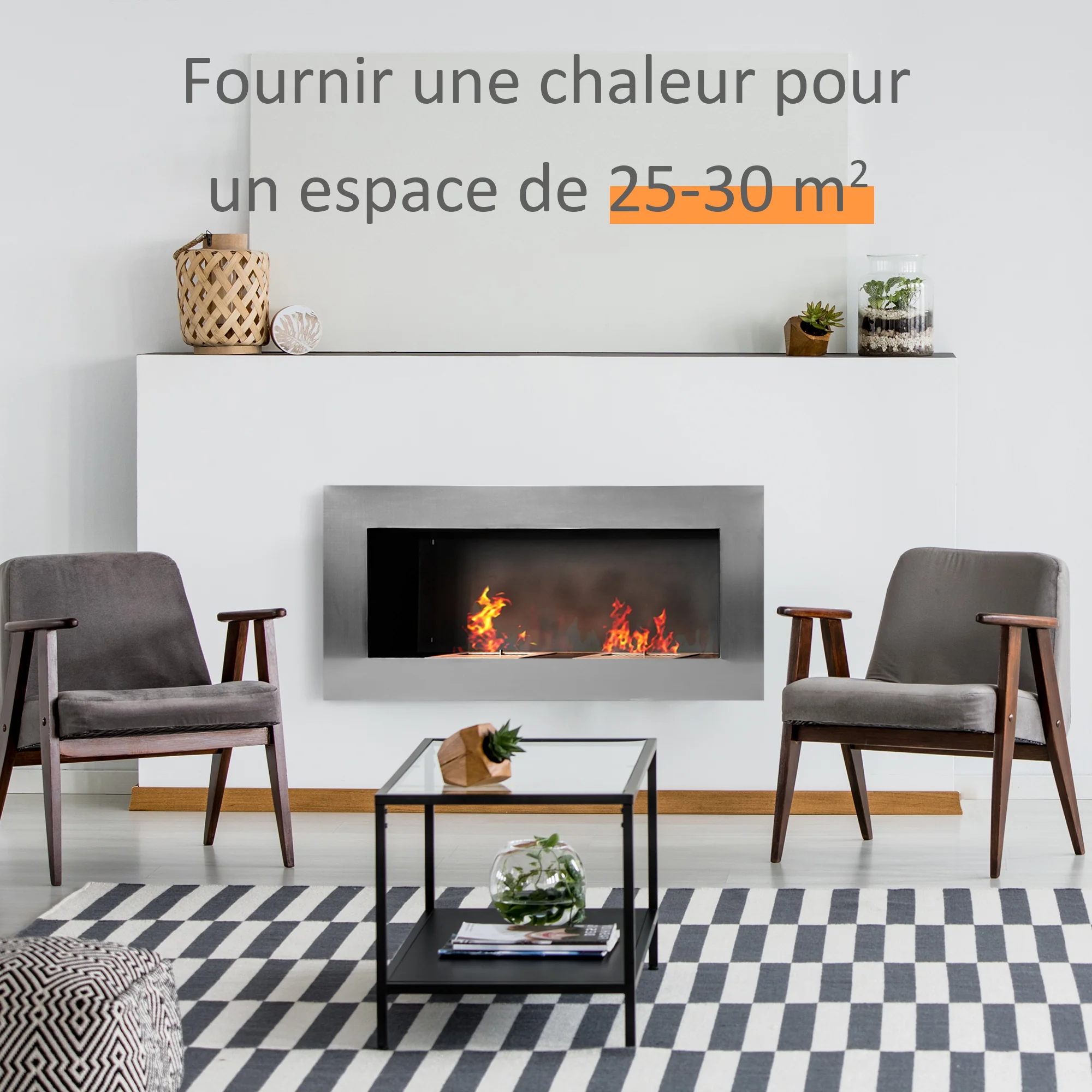 Cheminée bioéthanol Murale encastrable brûleur 2 x 0,9 L, environ 3 h de durée de combustion 110L x 14l x 54H cm Couverture 25-30 m² Acier inox - Image 5