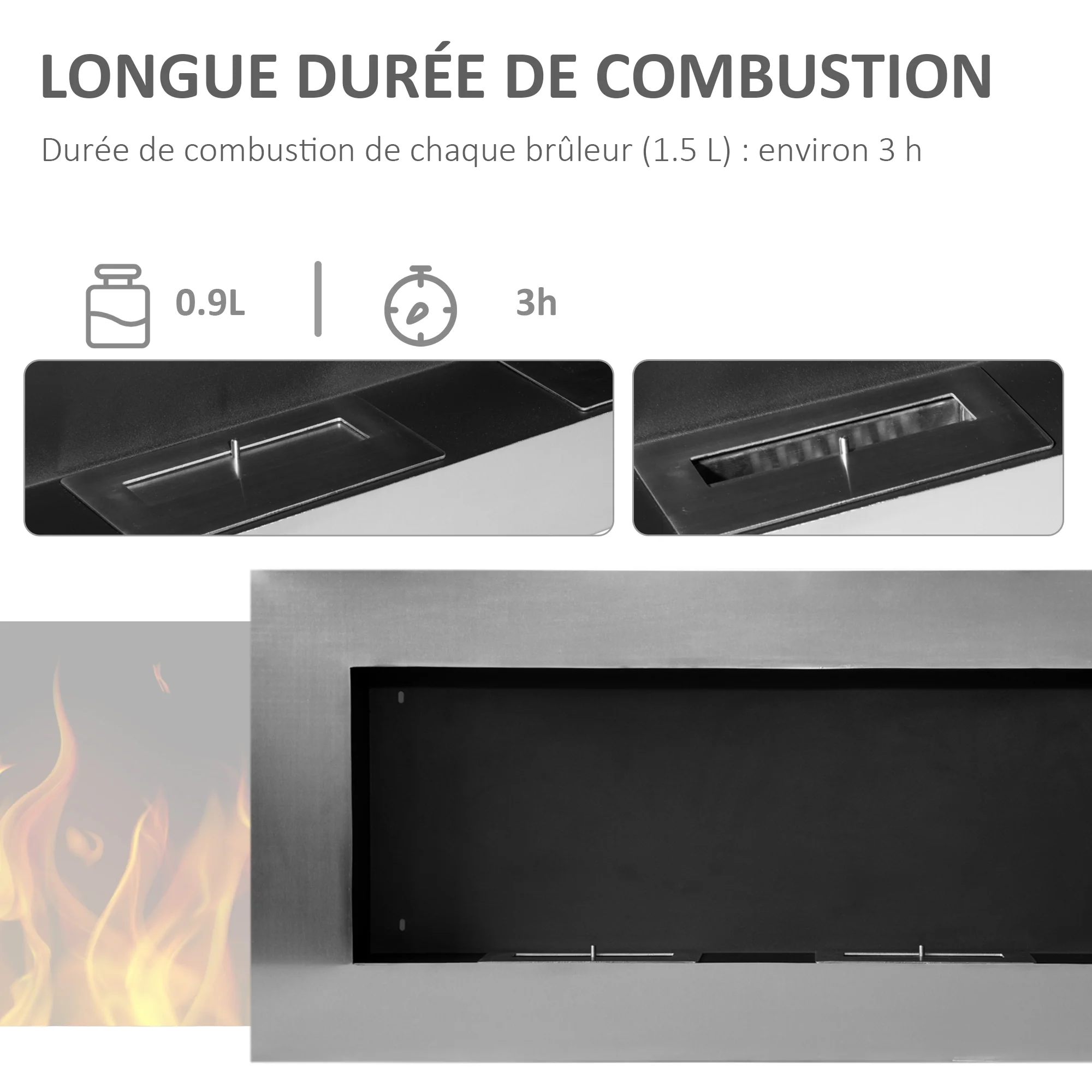 Cheminée bioéthanol Murale encastrable brûleur 2 x 0,9 L, environ 3 h de durée de combustion 110L x 14l x 54H cm Couverture 25-30 m² Acier inox - Image 6