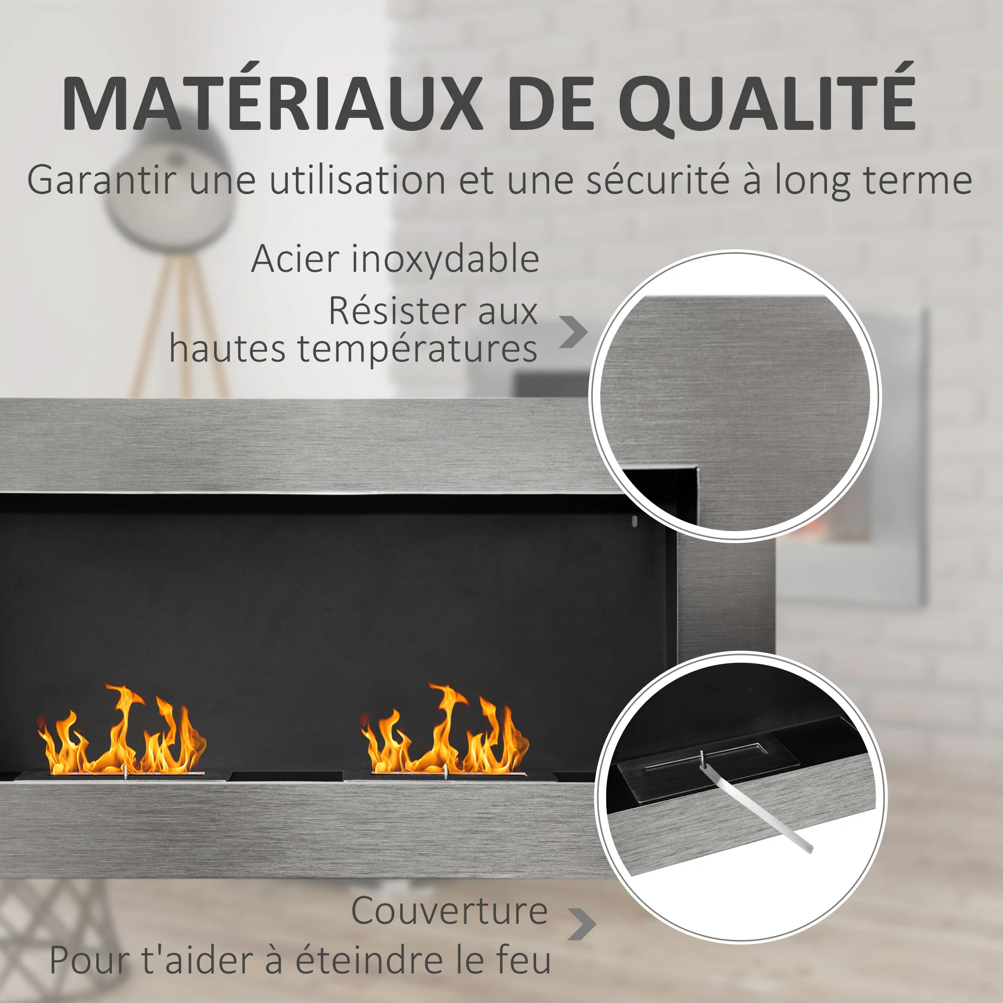 Cheminée bioéthanol Murale encastrable brûleur 2 x 0,9 L, environ 3 h de durée de combustion 110L x 14l x 54H cm Couverture 25-30 m² Acier inox - Image 7