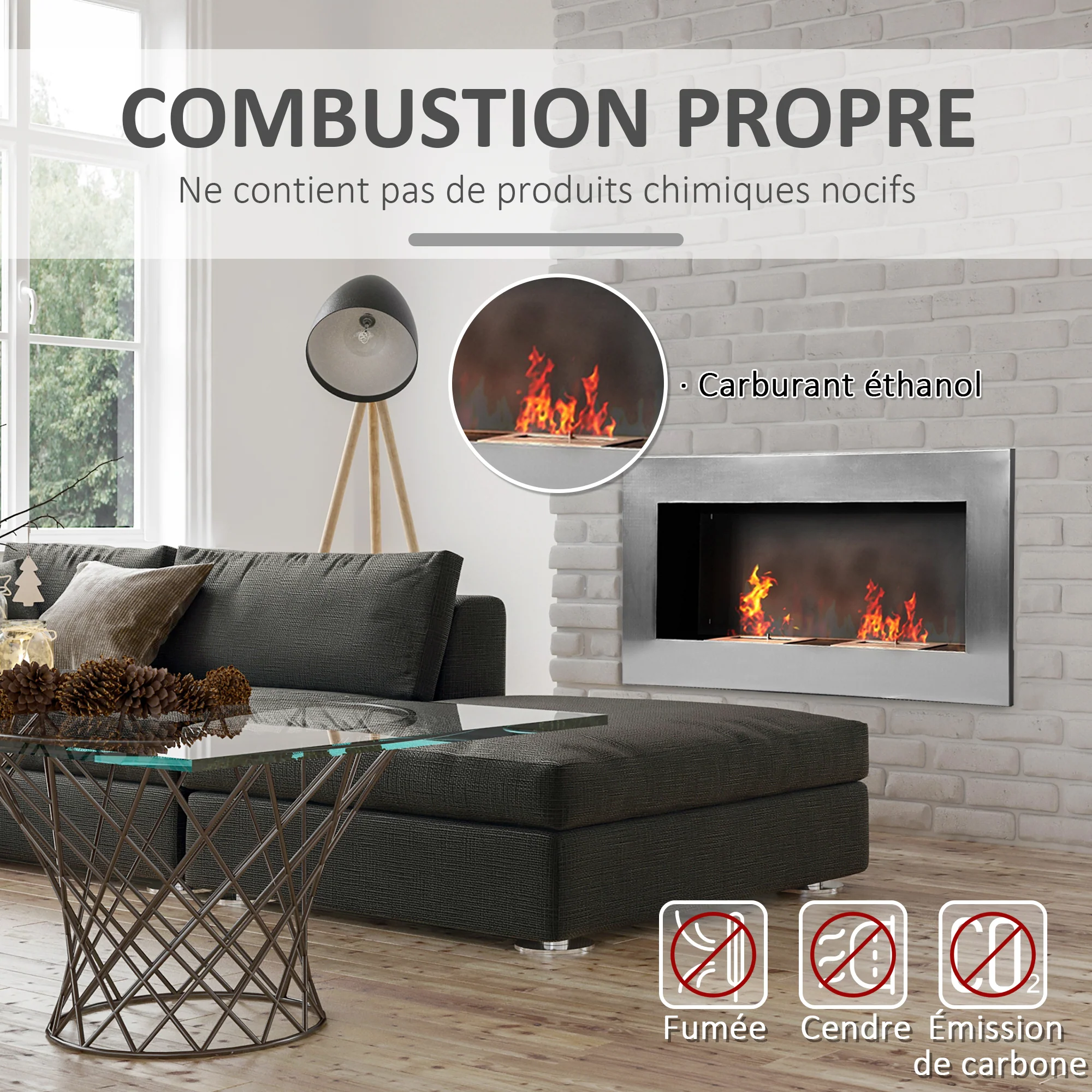 Cheminée bioéthanol Murale encastrable brûleur 2 x 0,9 L, environ 3 h de durée de combustion 110L x 14l x 54H cm Couverture 25-30 m² Acier inox - Image 8