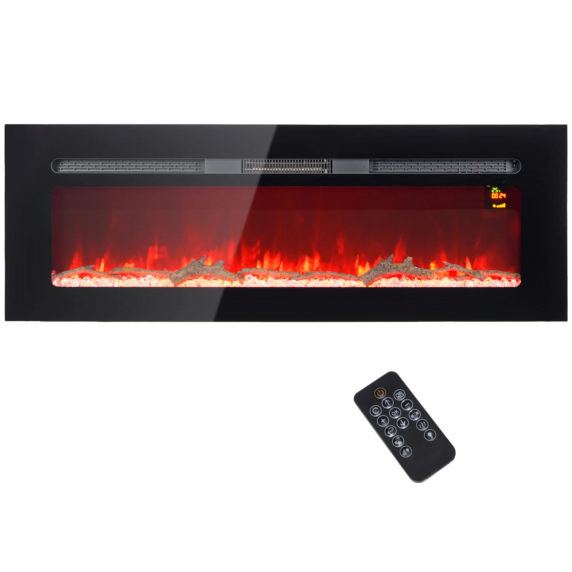 Cheminée électrique 1800 W mural ou encastrable fausse cheminée avec effet flamme en LED 3 couleurs 5 luminosités, bûche et cristal, minuterie, température 15-40℃, télécommande, 127L cm, noir - Image 2