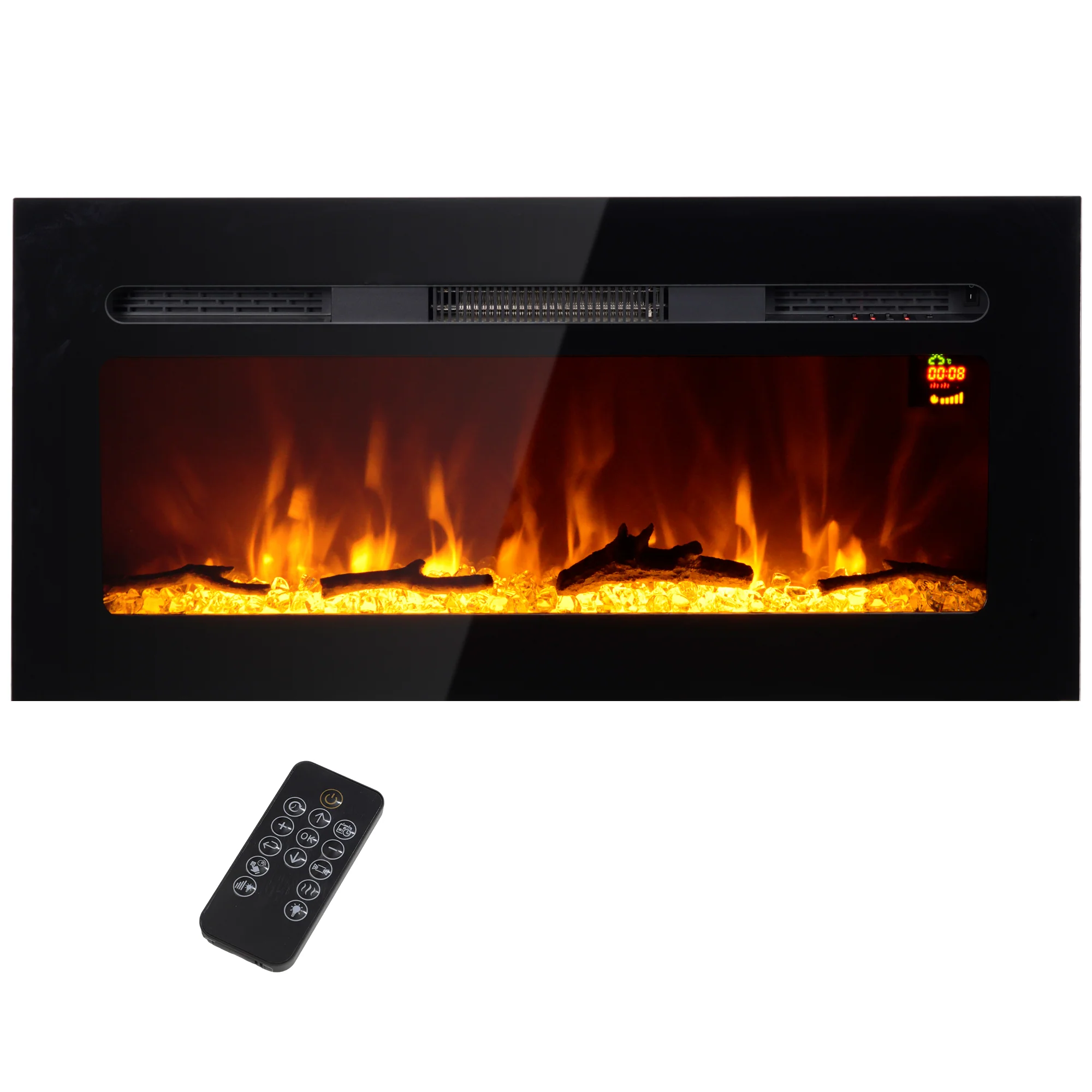 Cheminée électrique 1800 W mural ou encastrable fausse cheminée avec effet flamme en LED 3 couleurs 5 luminosités, b?che et cristal, minuterie, température 15-40℃, télécommande, 91,4L cm, noir - Image 2