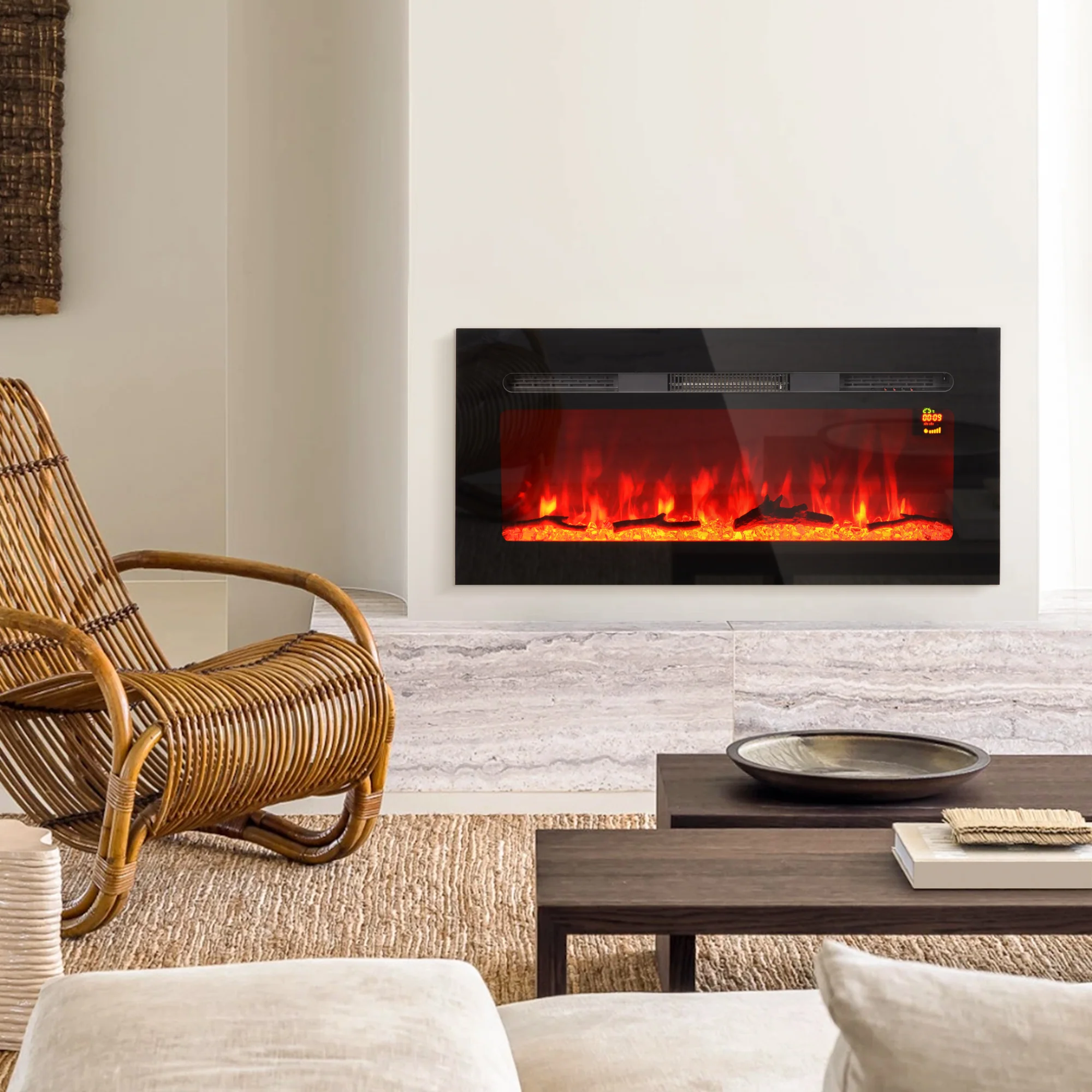 Cheminée électrique 1800 W mural ou encastrable fausse cheminée avec effet flamme en LED 3 couleurs 5 luminosités, b?che et cristal, minuterie, température 15-40℃, télécommande, 91,4L cm, noir - Image 3