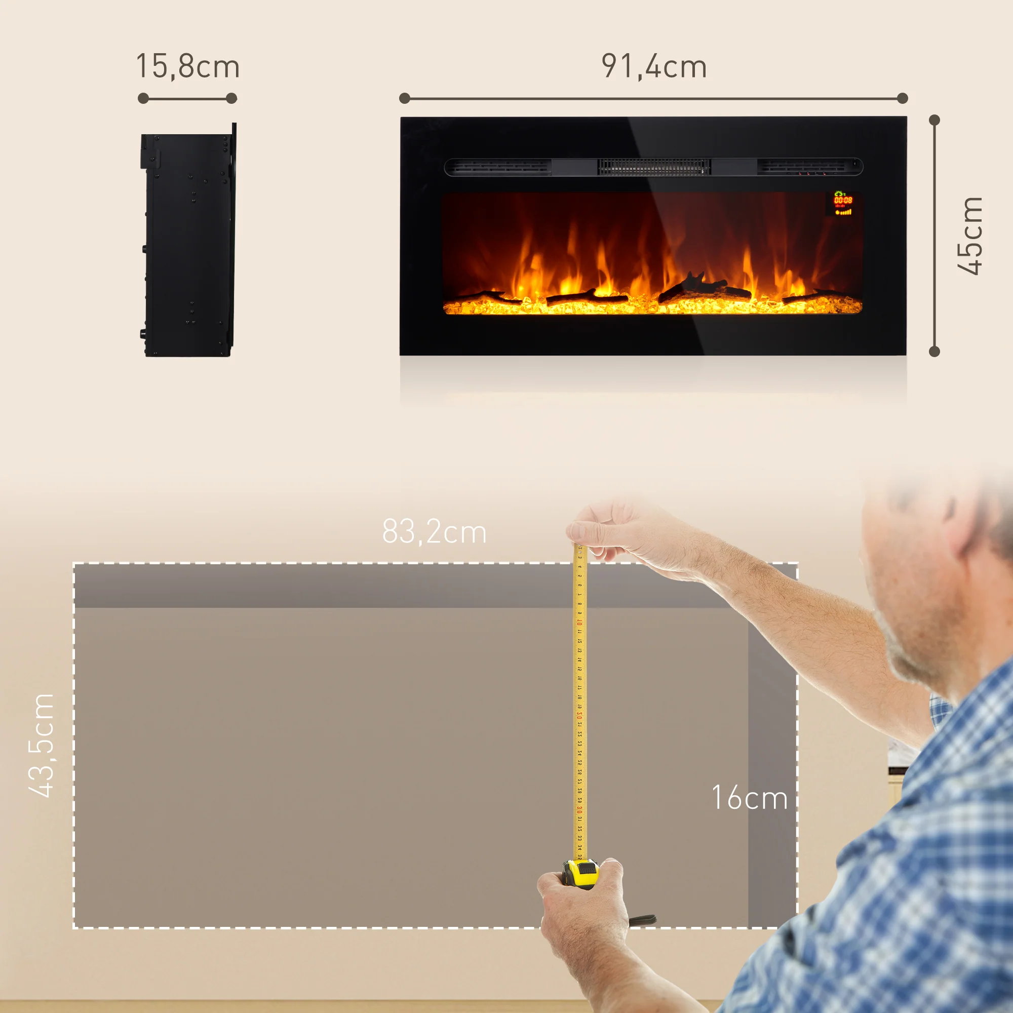 Cheminée électrique 1800 W mural ou encastrable fausse cheminée avec effet flamme en LED 3 couleurs 5 luminosités, b?che et cristal, minuterie, température 15-40℃, télécommande, 91,4L cm, noir - Image 4