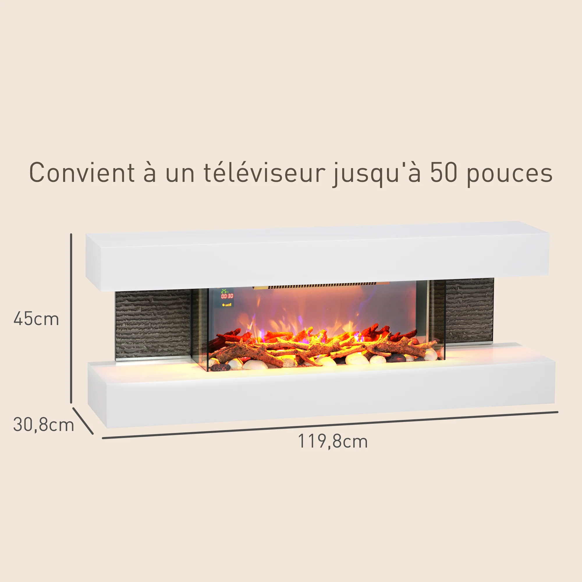 Cheminée électrique 2000 W mural ou sur pieds fausse cheminée 120L cm avec manteau, cadre en verre, effet flamme LED réglable, bûche, galets, minuterie, température 15-40℃, télécommande, blanc - Image 4
