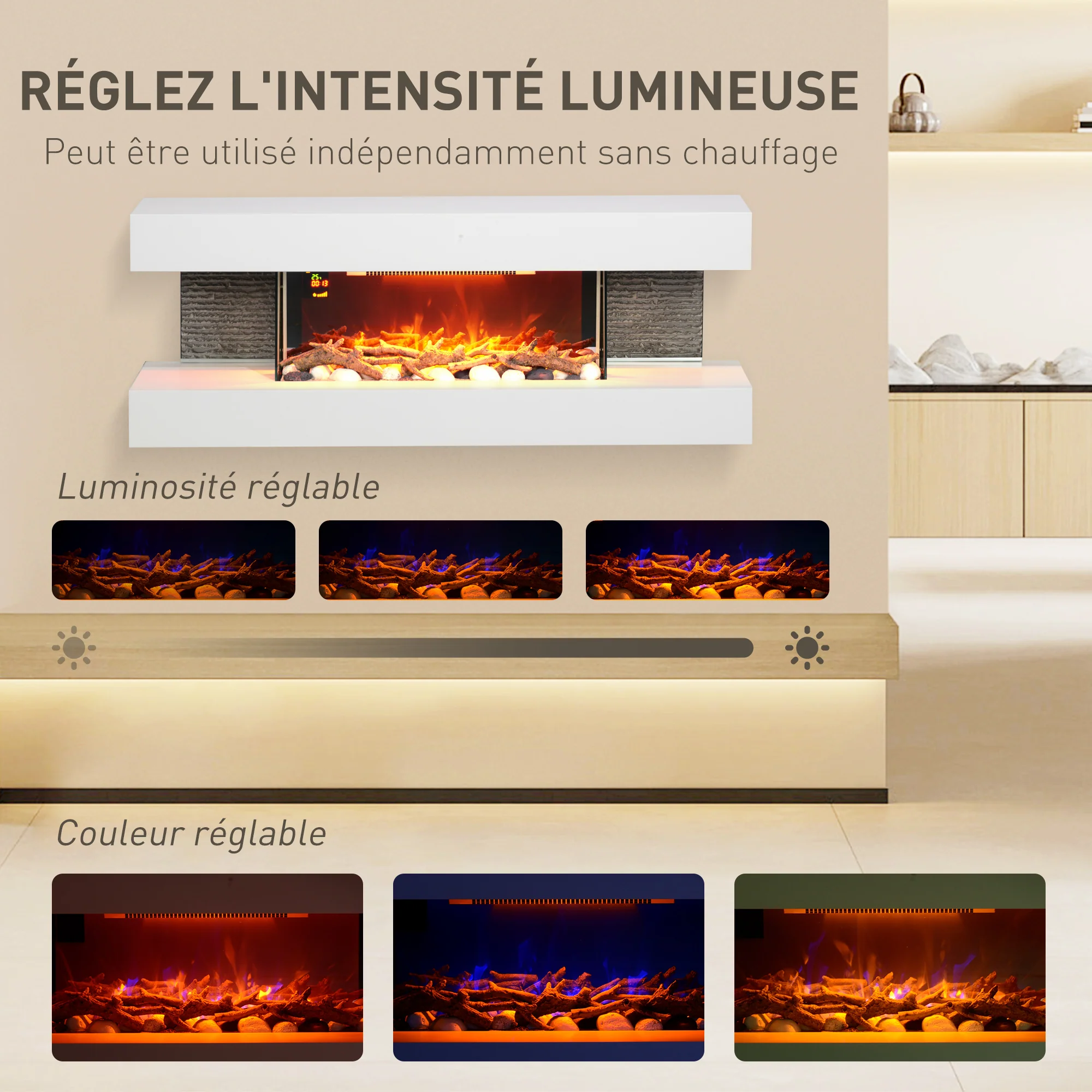 Cheminée électrique 2000 W mural ou sur pieds fausse cheminée 120L cm avec manteau, cadre en verre, effet flamme LED réglable, bûche, galets, minuterie, température 15-40℃, télécommande, blanc - Image 5