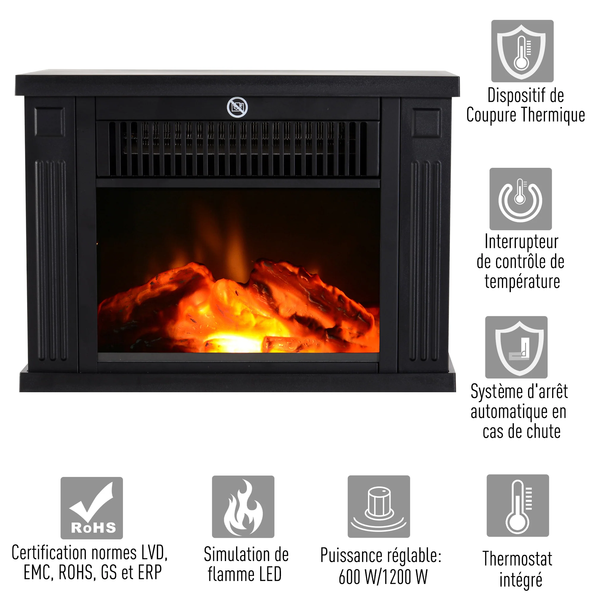 Cheminée électrique à Effet de Flamme poêle Style Contemporain Thermostat 600-1200 W Noir - Image 6