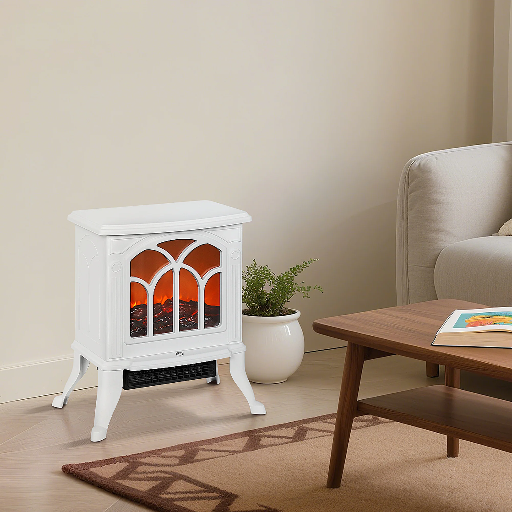 Cheminée électrique sur pied 750/1500 W, fausse cheminée décorative avec effet flamme LED, protection contre la surchauffe, zone de couverture 15-20 m2, blanc - Image 10