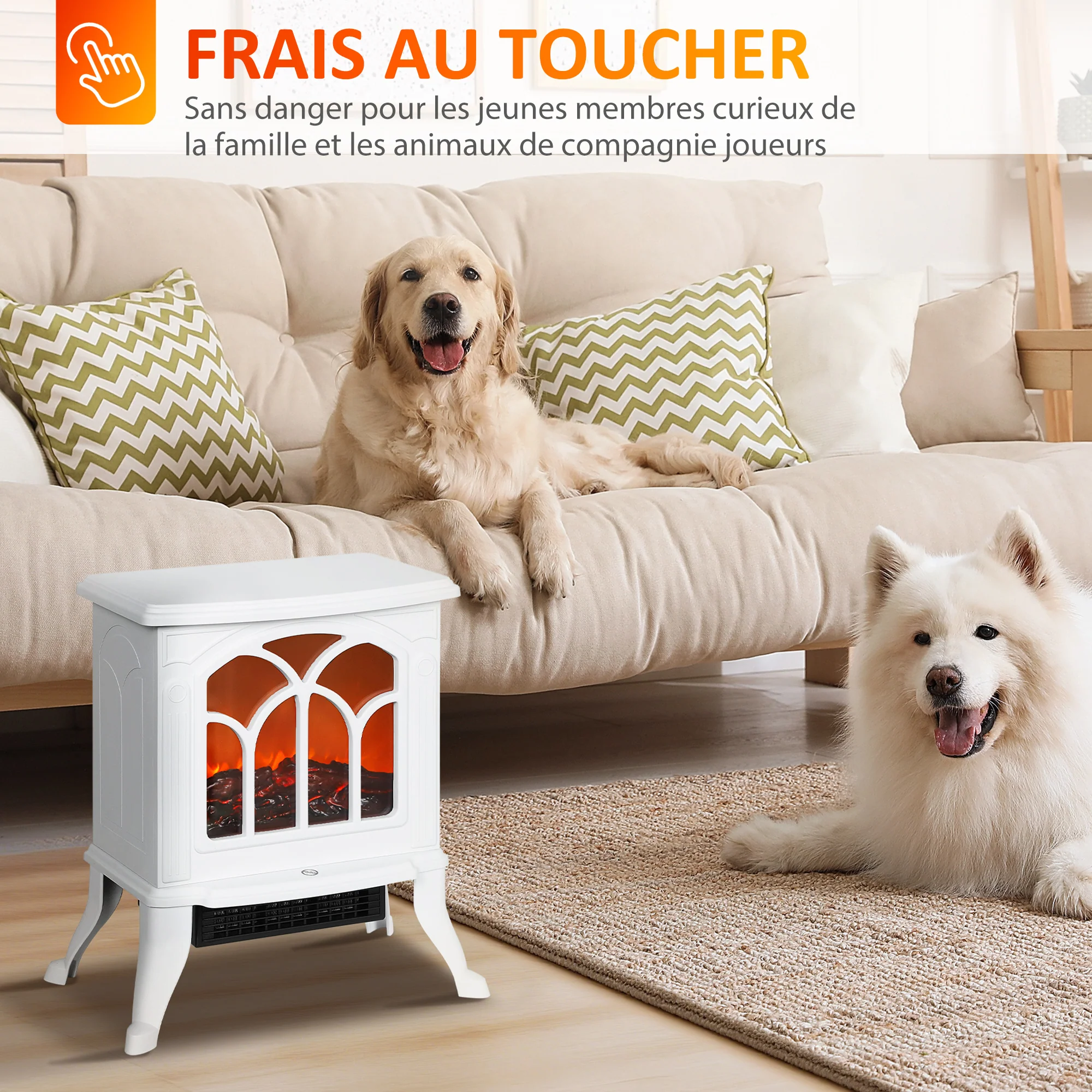 Cheminée électrique sur pied 750/1500 W, fausse cheminée décorative avec effet flamme LED, protection contre la surchauffe, zone de couverture 15-20 m2, blanc - Image 7