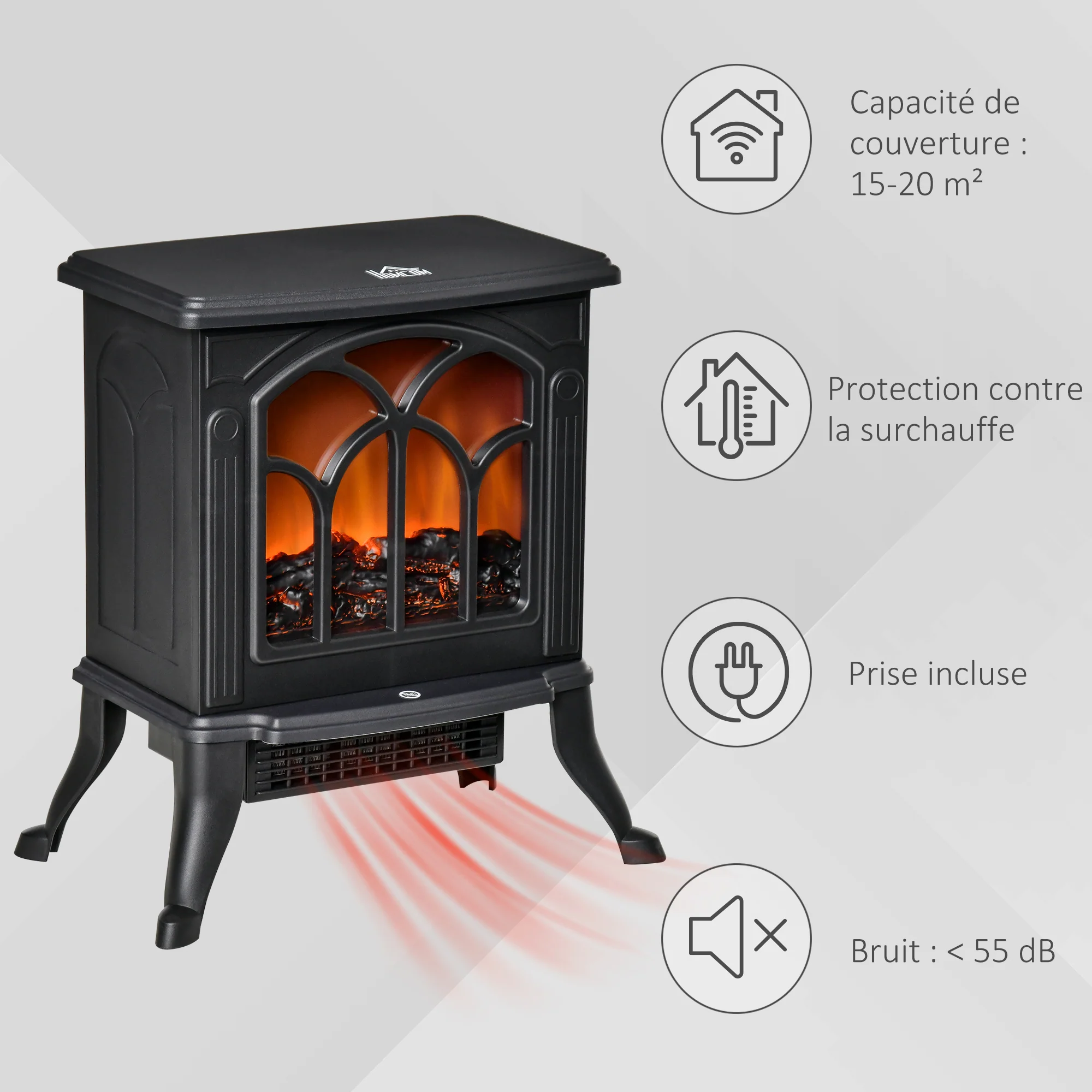 Cheminée électrique sur pied 750/1500 W, fausse cheminée décorative avec effet flamme LED, protection contre la surchauffe, zone de couverture 15-20 m2, noir - Image 7