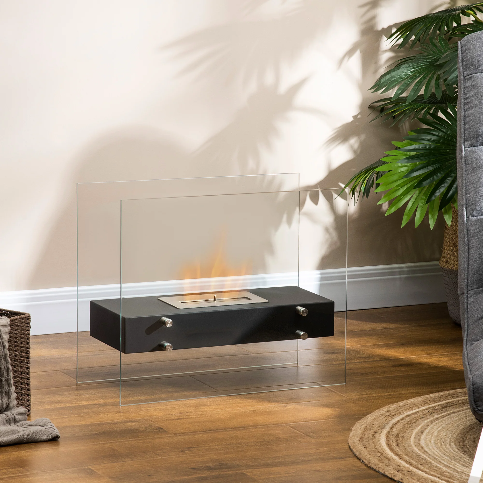 Cheminée éthanol à Poser en métal et Verre trempé avec réservoir 1,5 L, environ 3 h de durée de combustion Couverture 25 m² - dim. 60L x 26l x 50H cm - Image 3