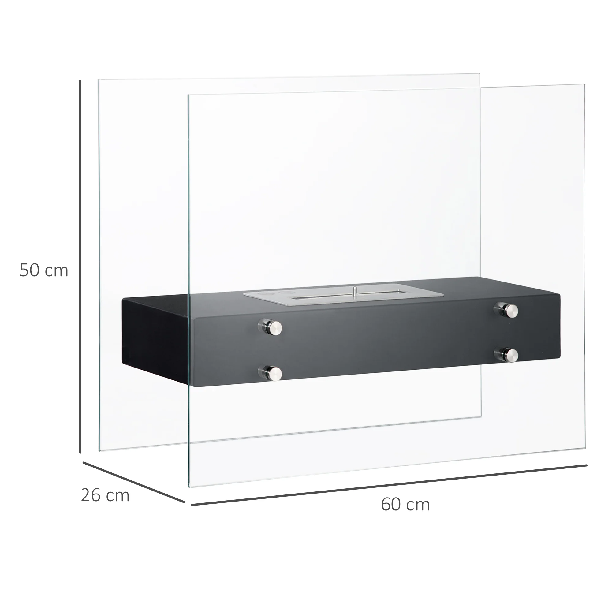 Cheminée éthanol à Poser en métal et Verre trempé avec réservoir 1,5 L, environ 3 h de durée de combustion Couverture 25 m² - dim. 60L x 26l x 50H cm - Image 4
