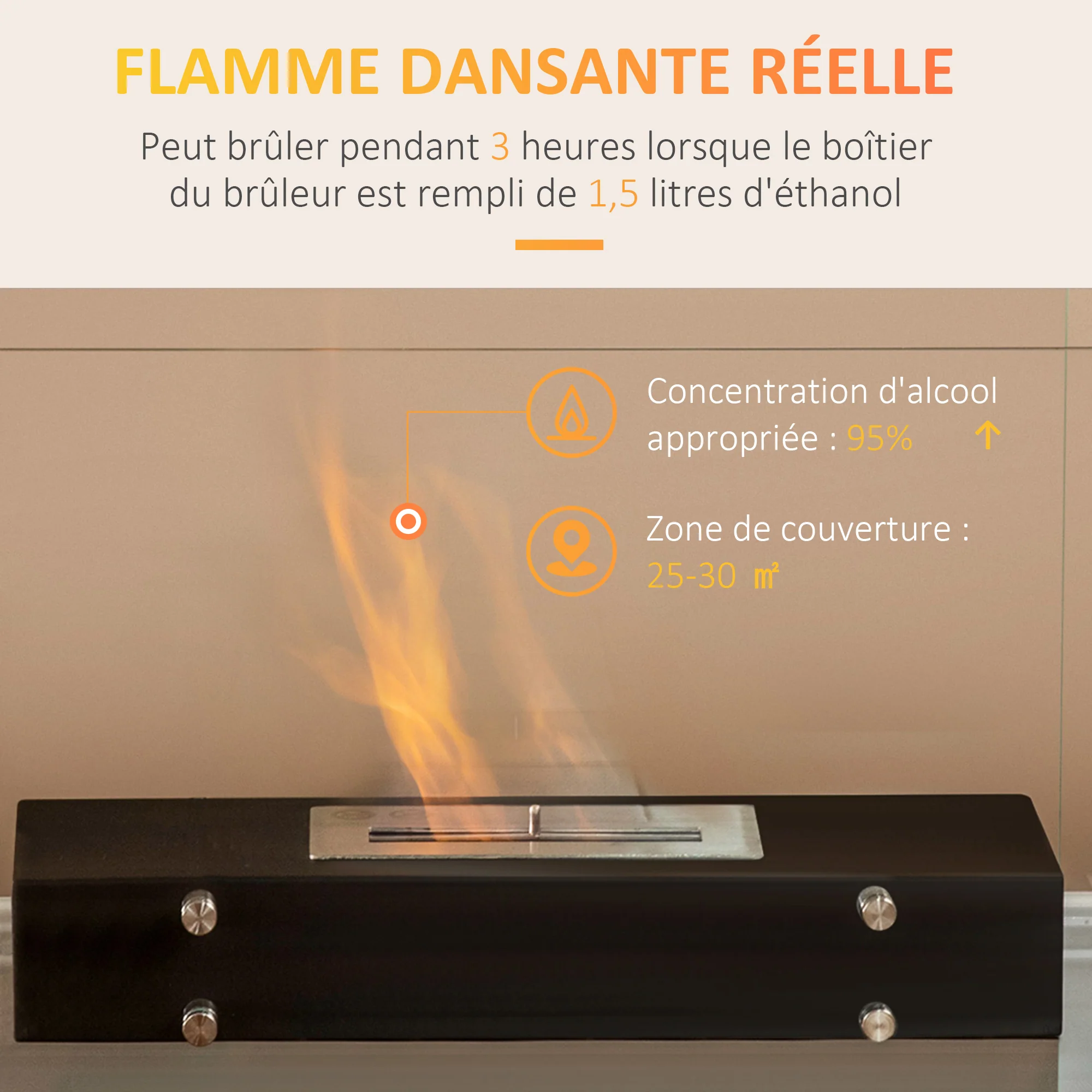 Cheminée éthanol à Poser en métal et Verre trempé avec réservoir 1,5 L, environ 3 h de durée de combustion Couverture 25 m² - dim. 60L x 26l x 50H cm - Image 5