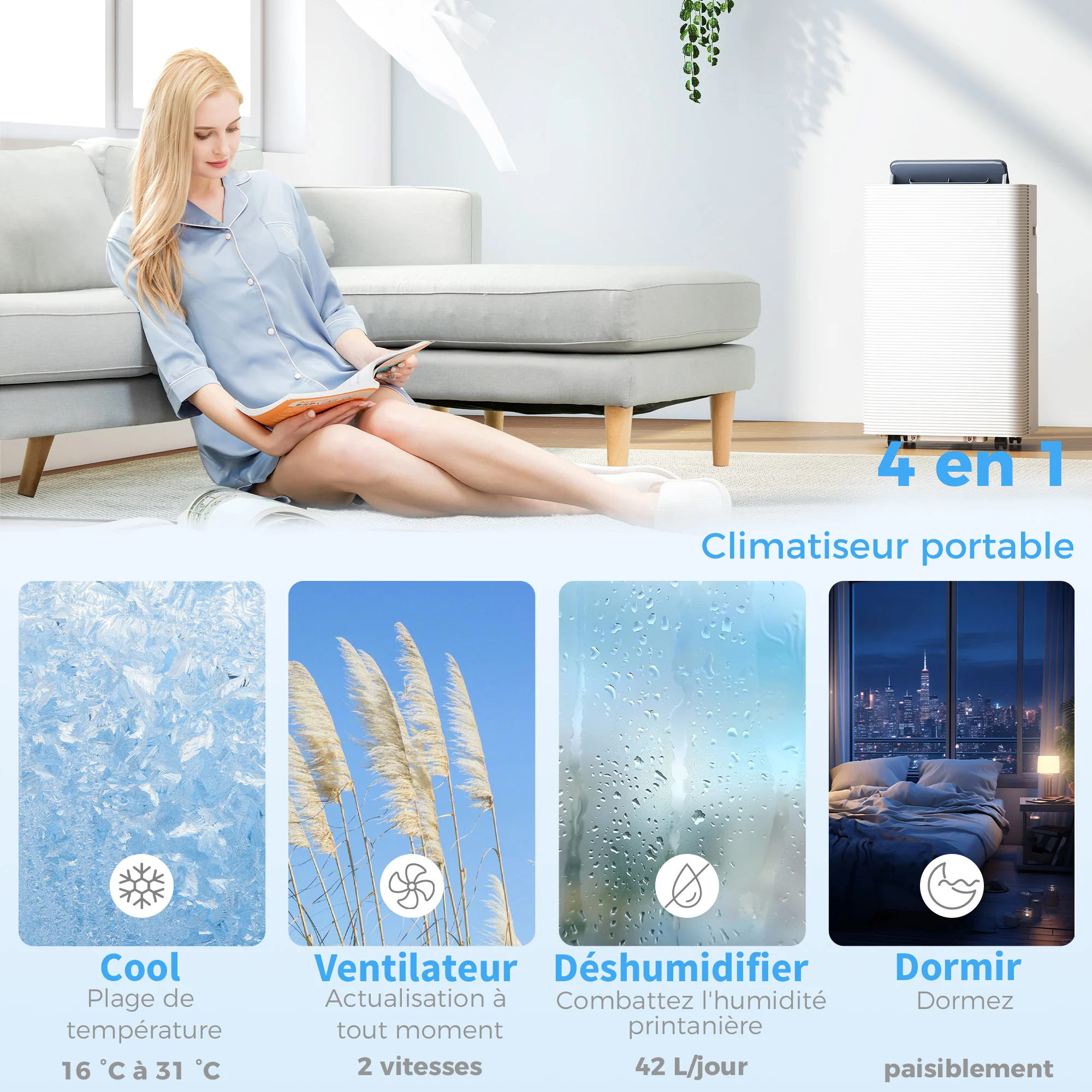 Climatiseur mobile 12000 BTU, climatiseur portable 4 en 1, refroidissement, déshumidificateur, ventilateur, mode nuit, télécommande, minuteur 24H, oscillation, 3 vitesses, pièces 35m2, classe A - Image 6