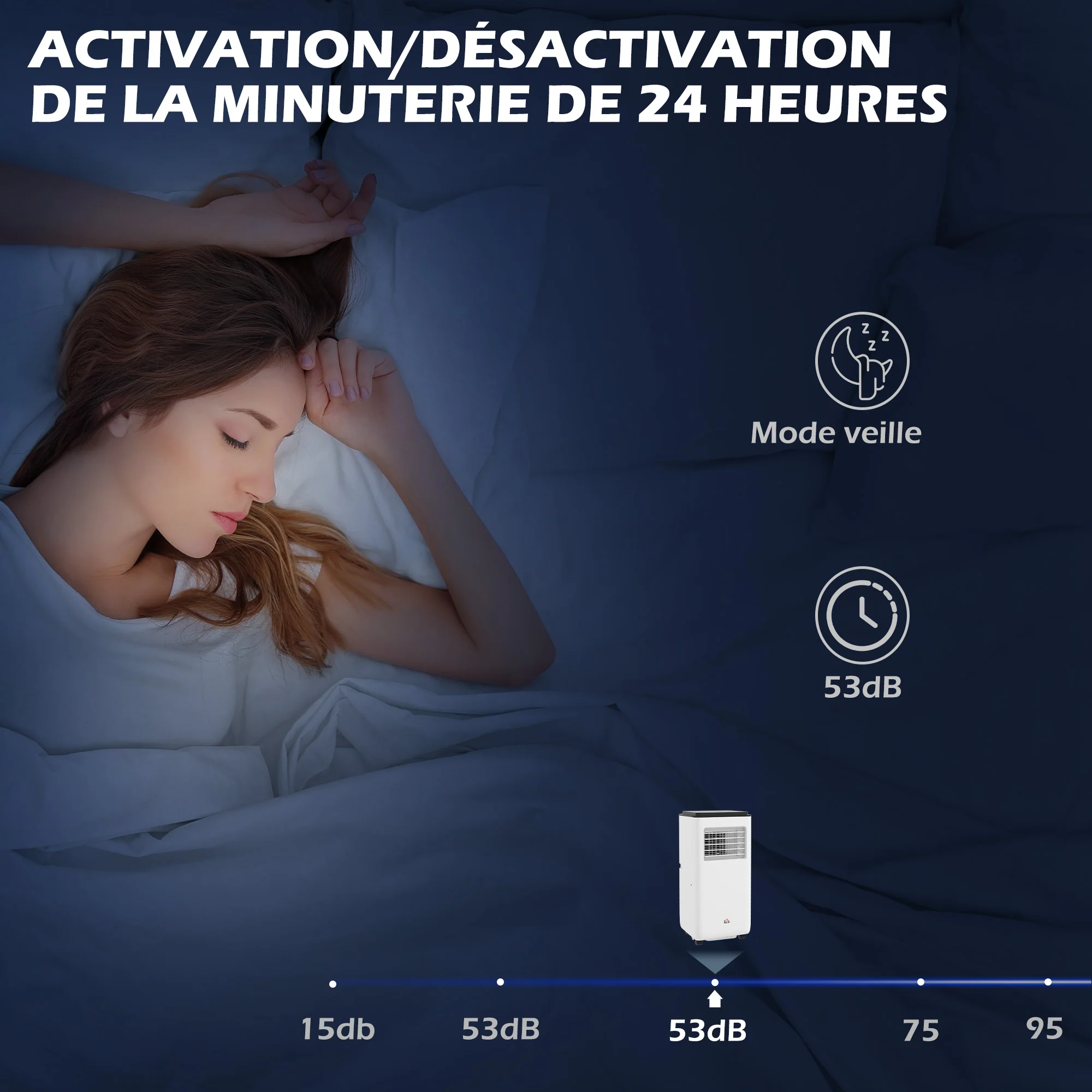 Climatiseur mobile 7000BTU 2kW, climatiseur portable 5 en 1 refroidissement, déshumidificateur, ventilateur, auto, mode nuit, télécommande, 2 vitesses, minuteur 24H, écran LED, 25m², classe A - Image 6