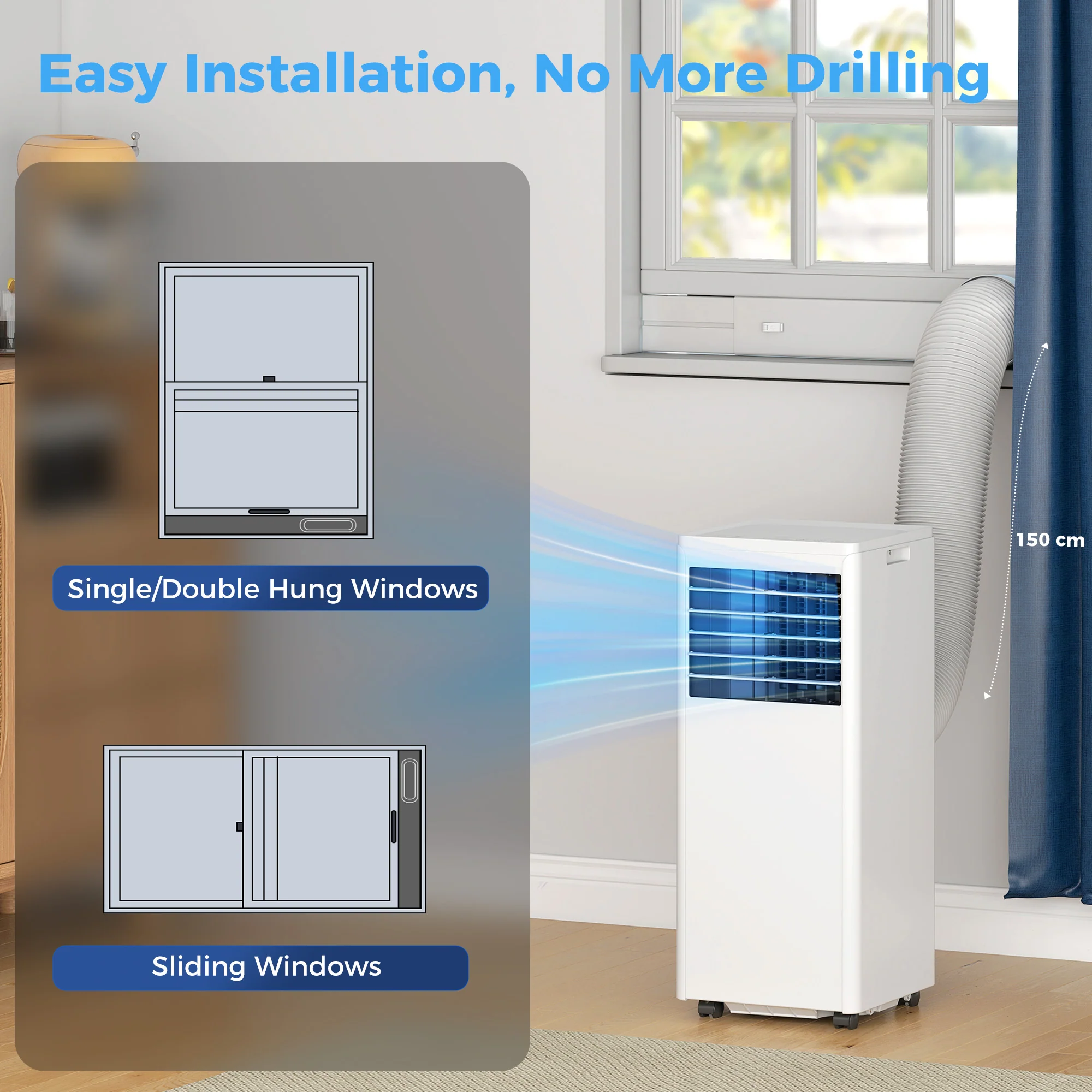 Climatiseur mobile 9000 BTU, climatiseur portable 4 en 1, refroidissement, déshumidificateur, ventilateur, mode nuit, télécommande, minuteur 24H, 2 vitesses, pour pièces 30 m2, classe A - Image 5