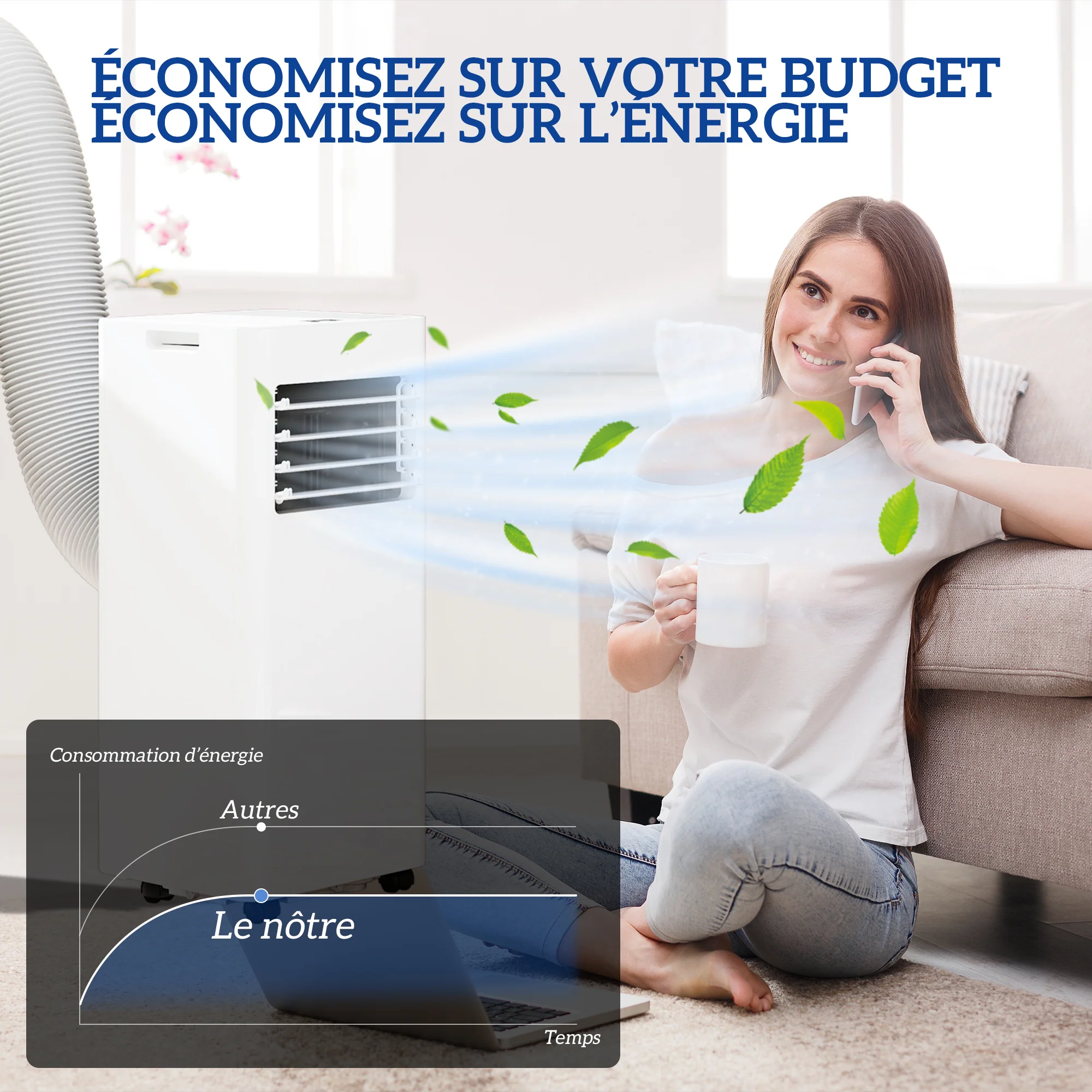 Climatiseur mobile 9000 BTU/H 2,6KW climatiseur portable 3 en 1 refroidissement, ventilateur, déshumidificateur, mode veille, minuterie 24H, 2 vitesses et télécommande, kit d'évacution, blanc - Image 10
