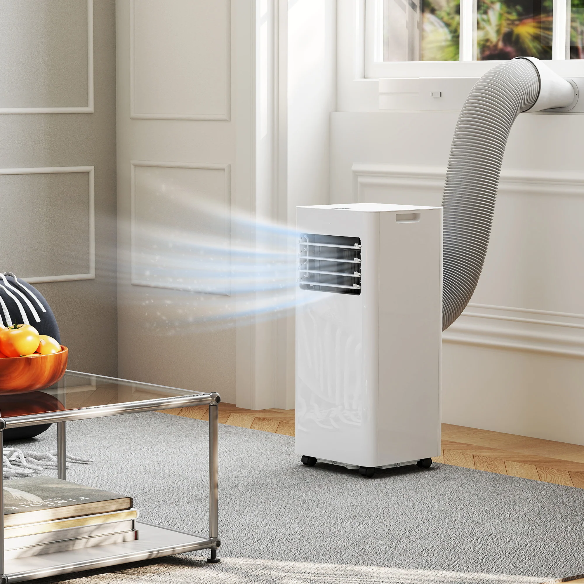 Climatiseur mobile 9000 BTU/H 2,6KW climatiseur portable 3 en 1 refroidissement, ventilateur, déshumidificateur, mode veille, minuterie 24H, 2 vitesses et télécommande, kit d'évacution, blanc - Image 11