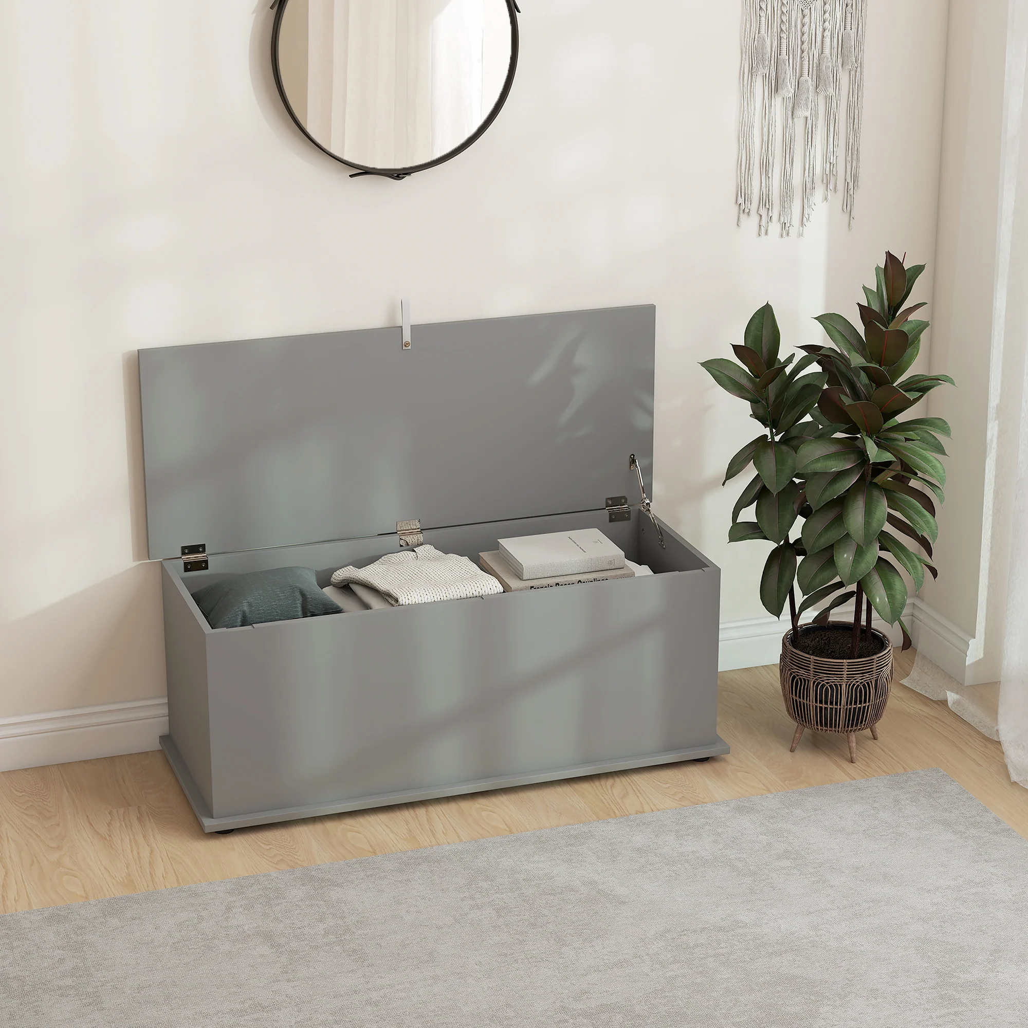 Coffre de rangement, banc de rangement avec couvercle rabattable et charnières de sécurité, banc chaussures, meuble d'entrée, couloir, chambre, salon, 100 x 40 x 40 cm, gris - Image 3