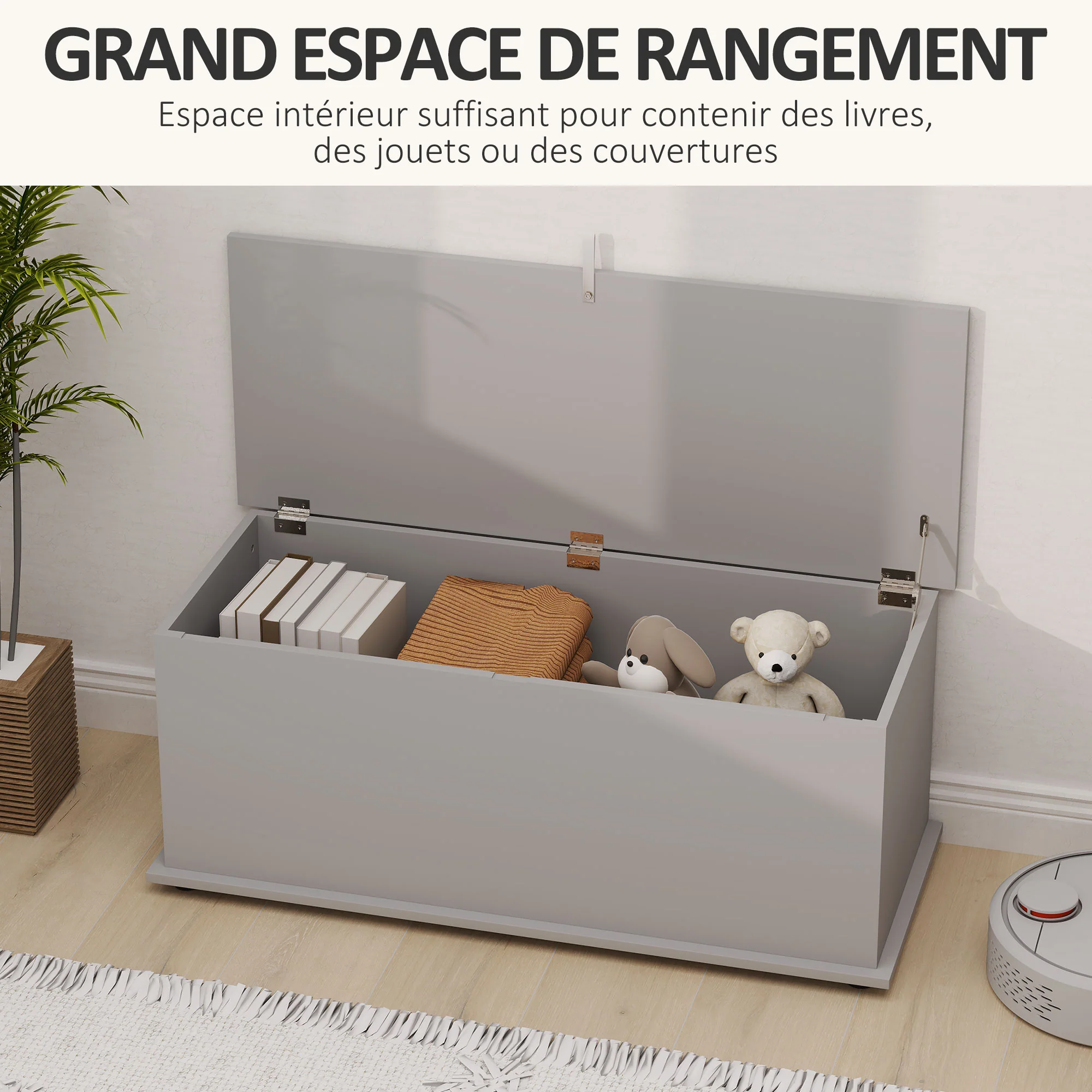 Coffre de rangement, banc de rangement avec couvercle rabattable et charnières de sécurité, banc chaussures, meuble d'entrée, couloir, chambre, salon, 100 x 40 x 40 cm, gris - Image 5