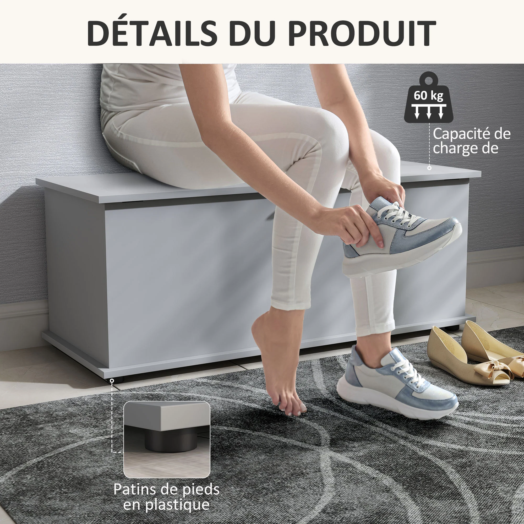 Coffre de rangement, banc de rangement avec couvercle rabattable et charnières de sécurité, banc chaussures, meuble d'entrée, couloir, chambre, salon, 100 x 40 x 40 cm, gris - Image 7