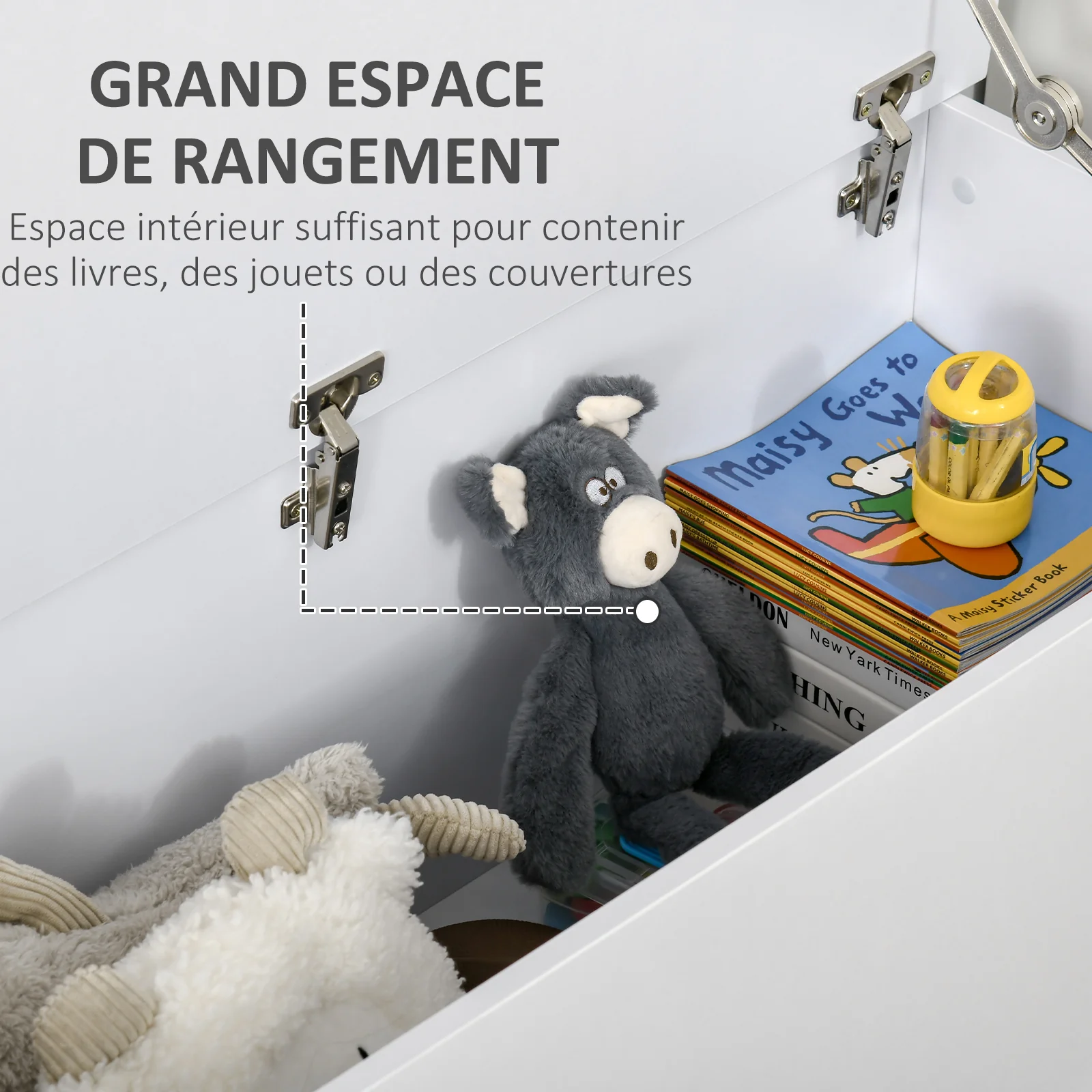 Coffre de rangement, banc de rangement avec couvercle rabattable et charnières de sécurité, banc chaussures, meuble d'entrée, couloir, chambre, salon, 100 x 40 x 40 cm, blanc - Image 5