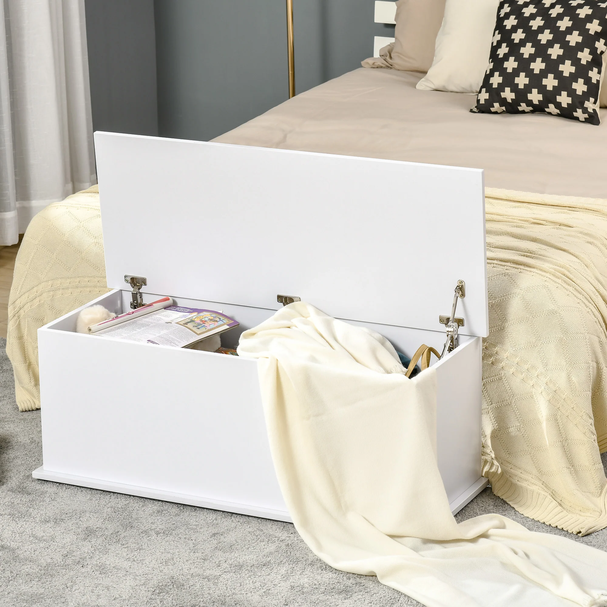 Coffre de rangement, banc de rangement avec couvercle rabattable et charnières de sécurité, banc chaussures, meuble d'entrée, couloir, chambre, salon, 100 x 40 x 40 cm, blanc - Image 7