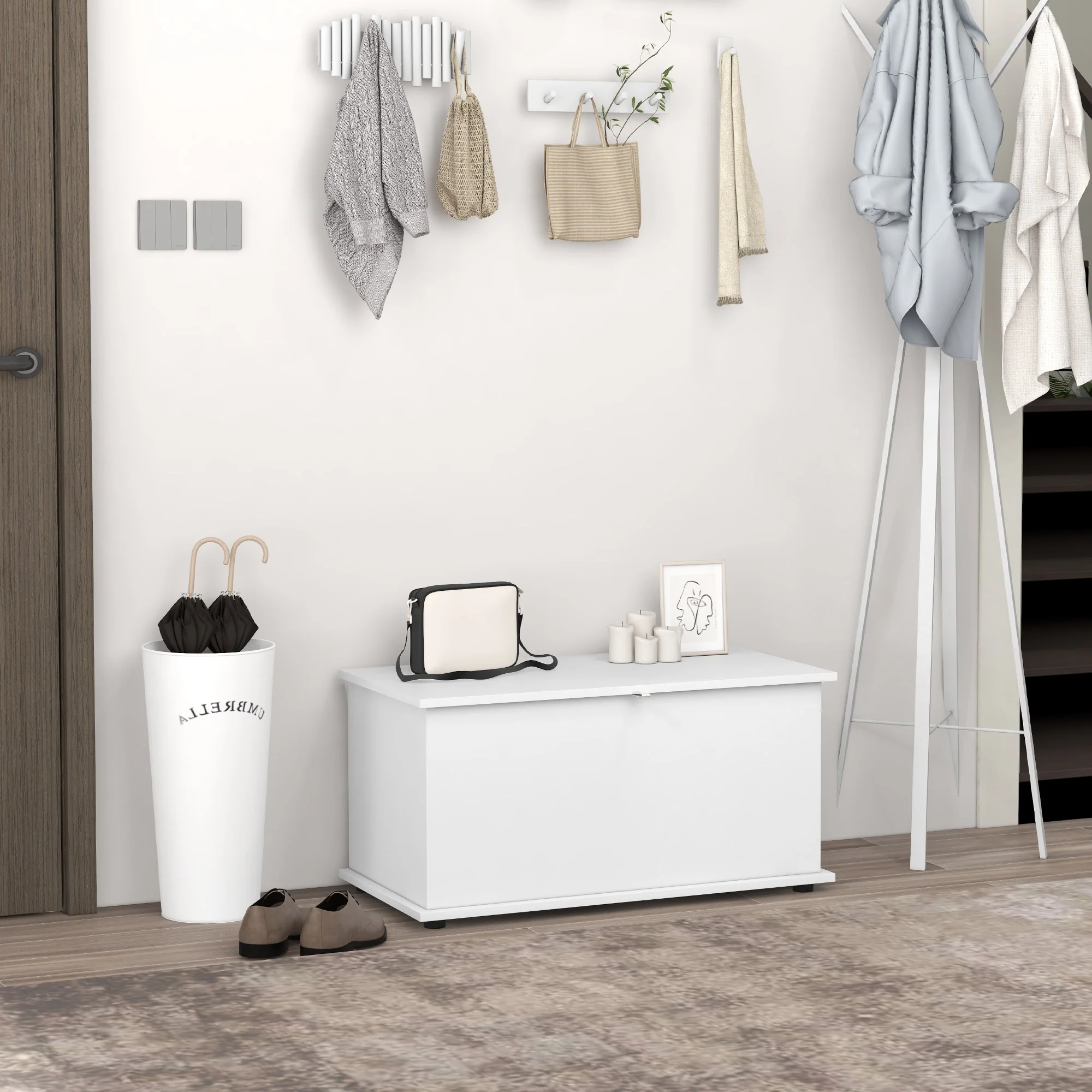 Coffre de rangement, banc de rangement avec couvercle rabattable et charnières de sécurité, banc chaussures, meuble d'entrée, couloir, chambre, salon, 80 x 40 x 40 cm, blanc - Image 3
