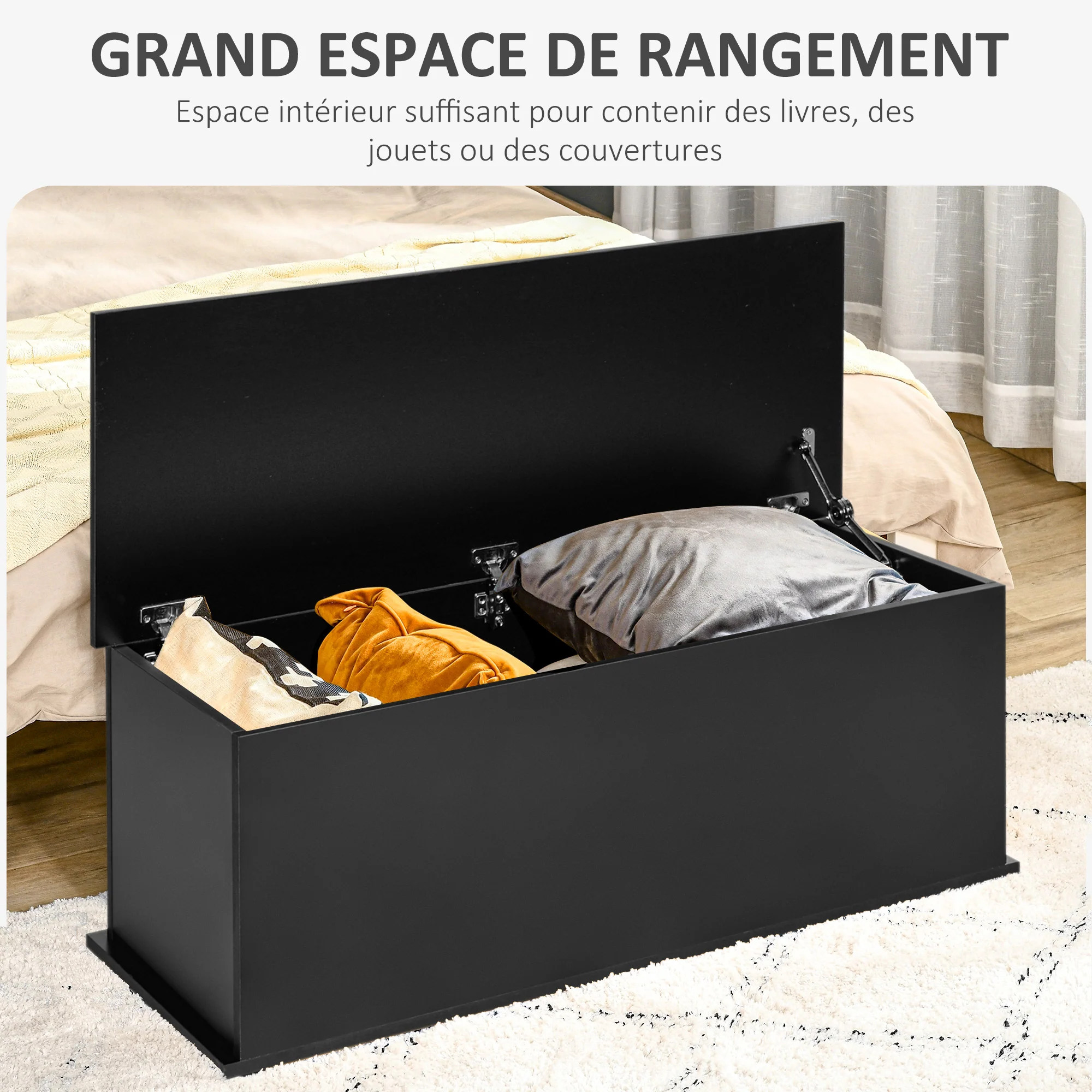 Coffre de rangement, banc de rangement avec couvercle rabattable et charnières de sécurité, banc chaussures, meuble d'entrée, couloir, chambre, salon, 100 x 40 x 40 cm, noir - Image 5