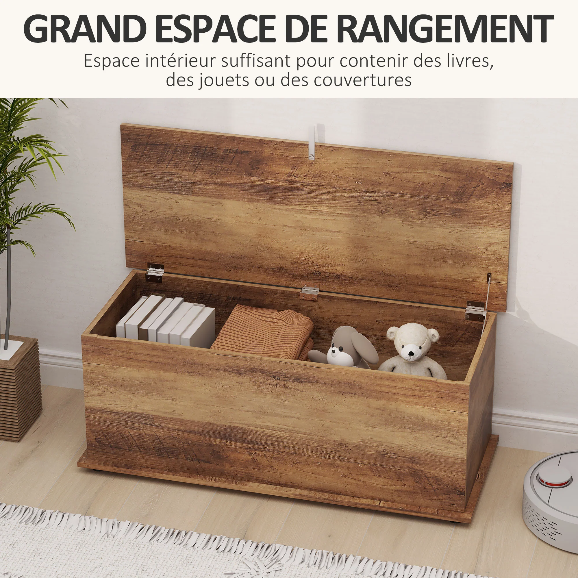Coffre de rangement, banc de rangement avec couvercle rabattable et charnières de sécurité, banc chaussures, meuble d'entrée, couloir, chambre, salon, 100 x 40 x 40 cm, marron grain bois - Image 5