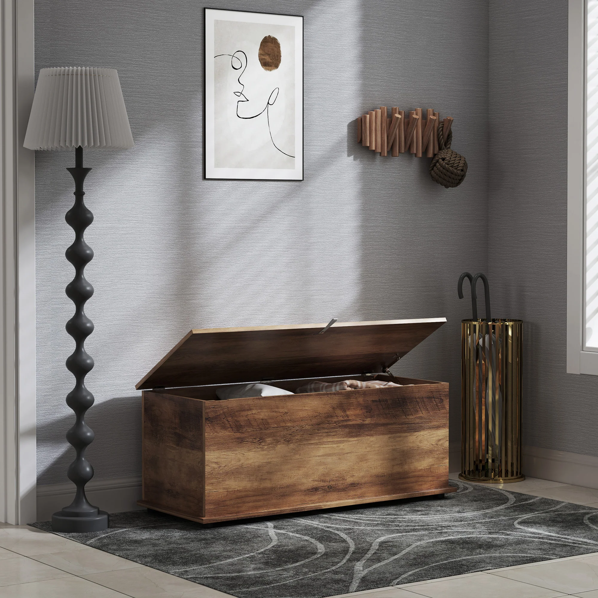 Coffre de rangement, banc de rangement avec couvercle rabattable et charnières de sécurité, banc chaussures, meuble d'entrée, couloir, chambre, salon, 100 x 40 x 40 cm, marron grain bois - Image 8