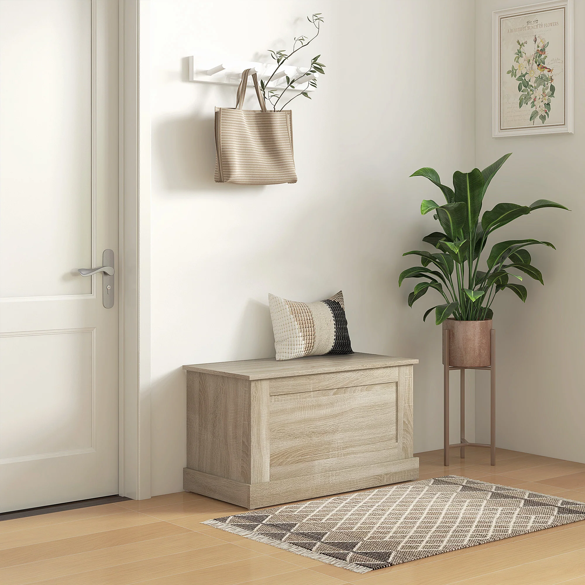 Coffre de rangement, coffre à jouets en bois, avec charnière de sécurité, pour salon, entrée, 80 x 40 x 45 cm, bois naturel - Image 3
