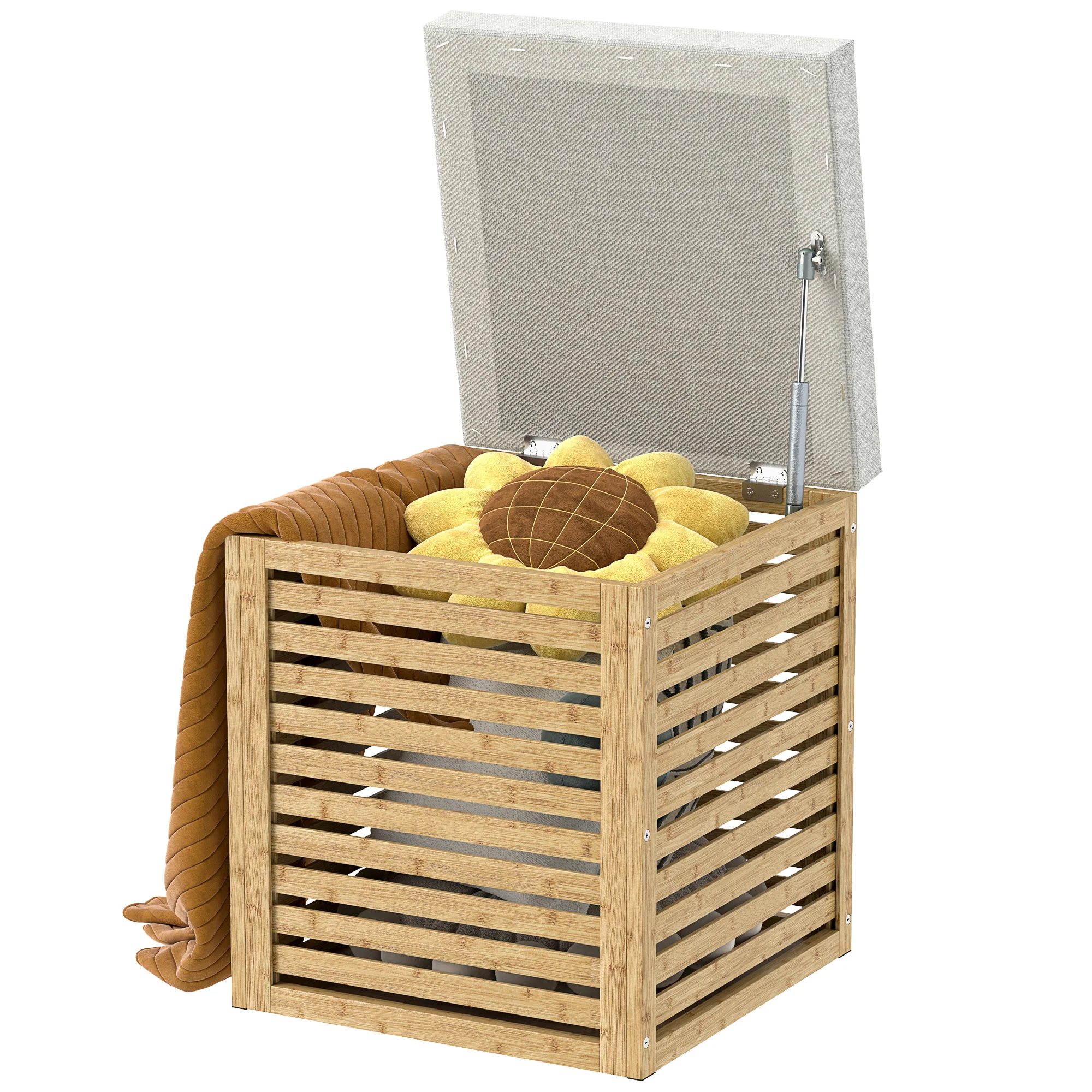 Coffre de rangement, tabouret de rangement de 54.76 L, design lamellé, cadre en bambou naturel, charge jusqu'à 120 kg, 40 x 40 x 47 cm, bois naturel