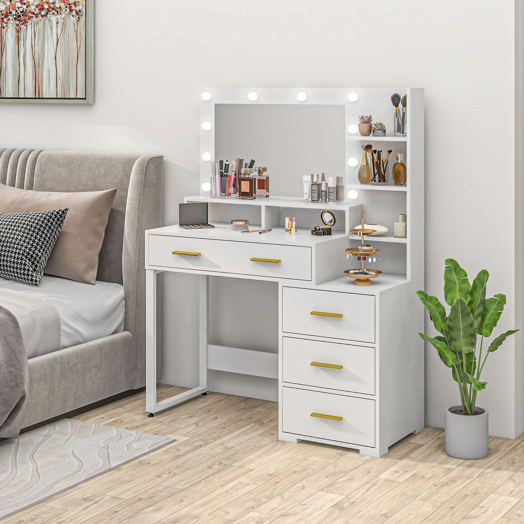Coiffeuse avec miroir et 9 lumières LED, table de maquillage style moderne - 4 tiroirs et 6 compartiments ouverts, coiffeuse pour chambre à coucher, salon, 100 x 40 x 138 cm, blanc - Image 10