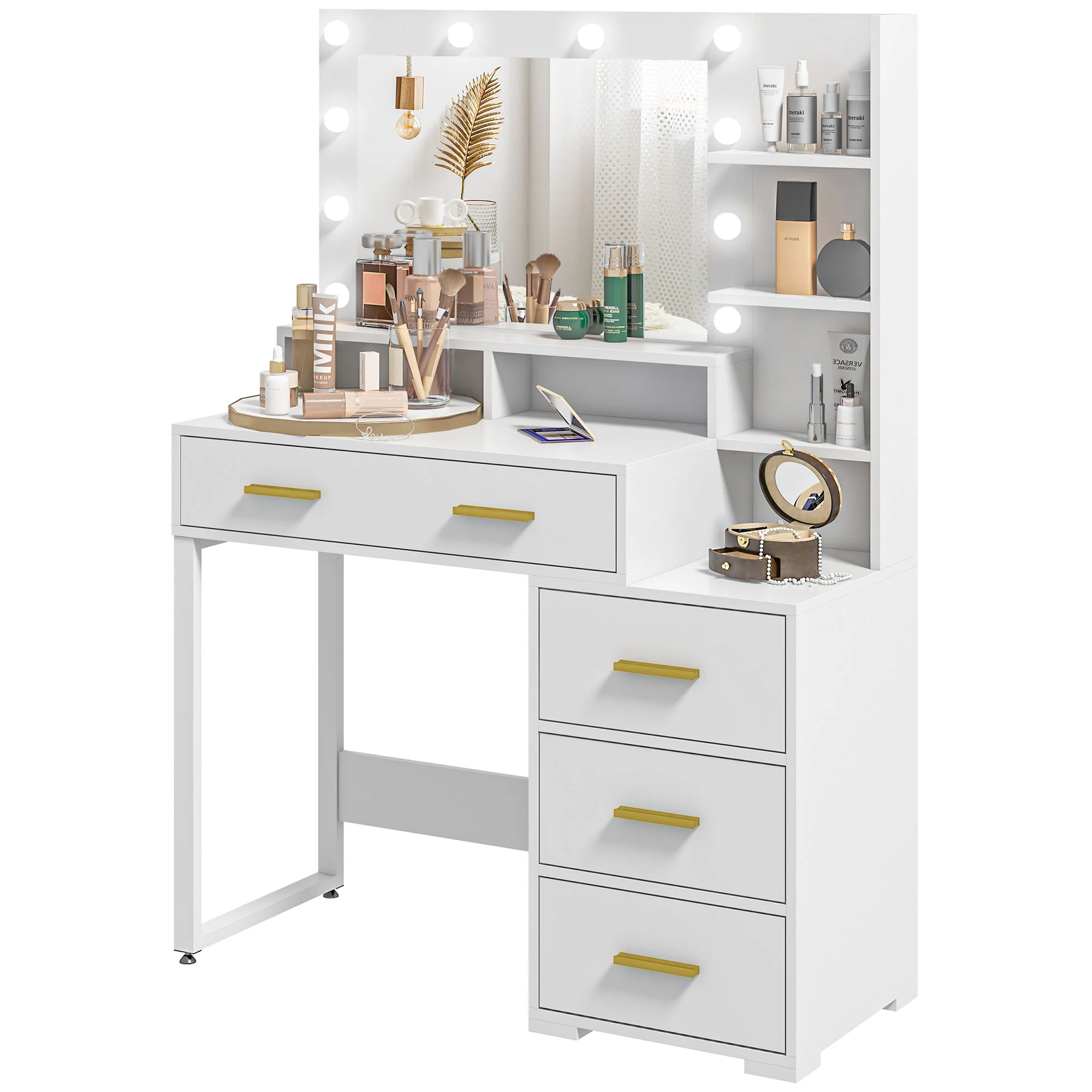Coiffeuse avec miroir et 9 lumières LED, table de maquillage style moderne - 4 tiroirs et 6 compartiments ouverts, coiffeuse pour chambre à coucher, salon, 100 x 40 x 138 cm, blanc - Image 11