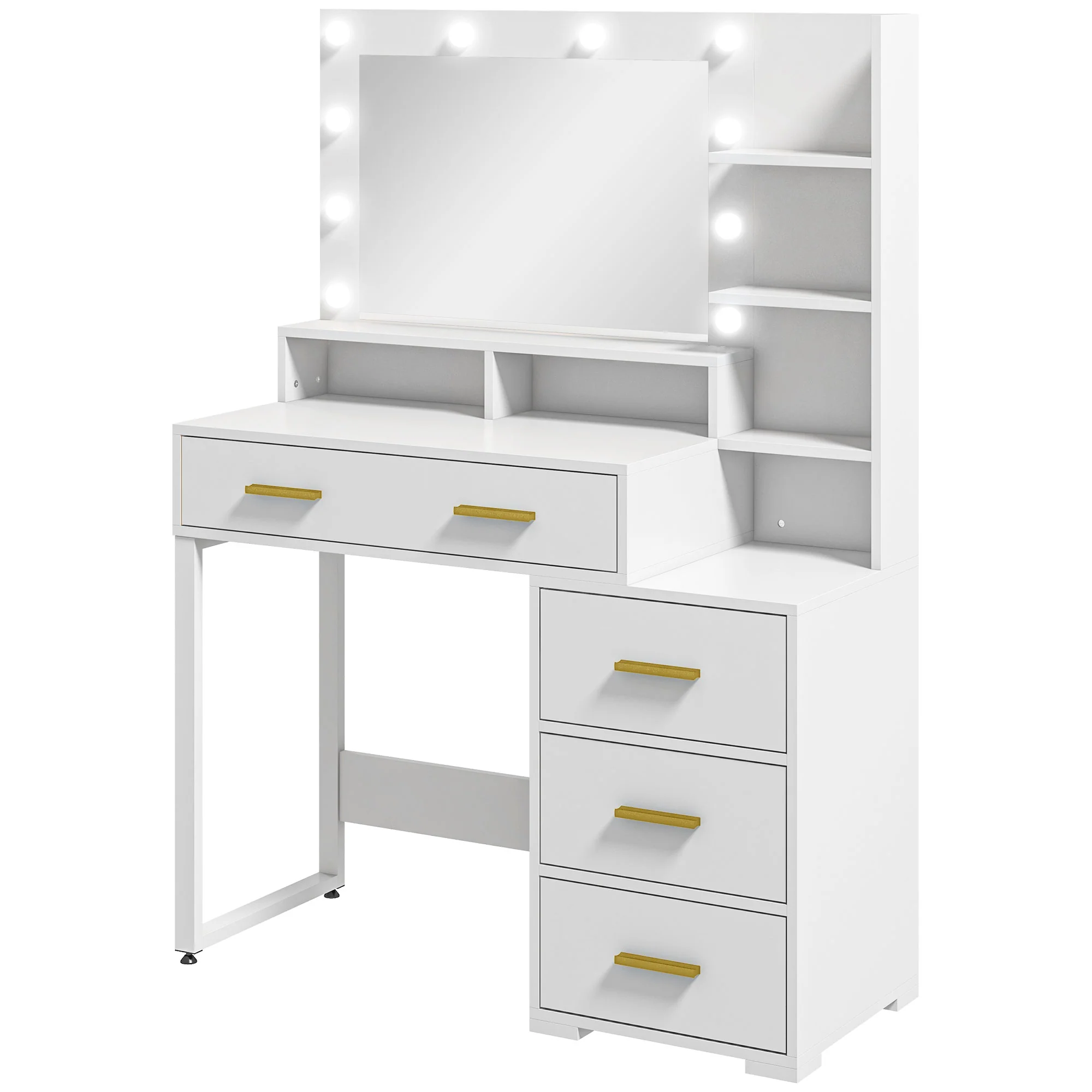 Coiffeuse avec miroir et 9 lumières LED, table de maquillage style moderne - 4 tiroirs et 6 compartiments ouverts, coiffeuse pour chambre à coucher, salon, 100 x 40 x 138 cm, blanc - Image 2