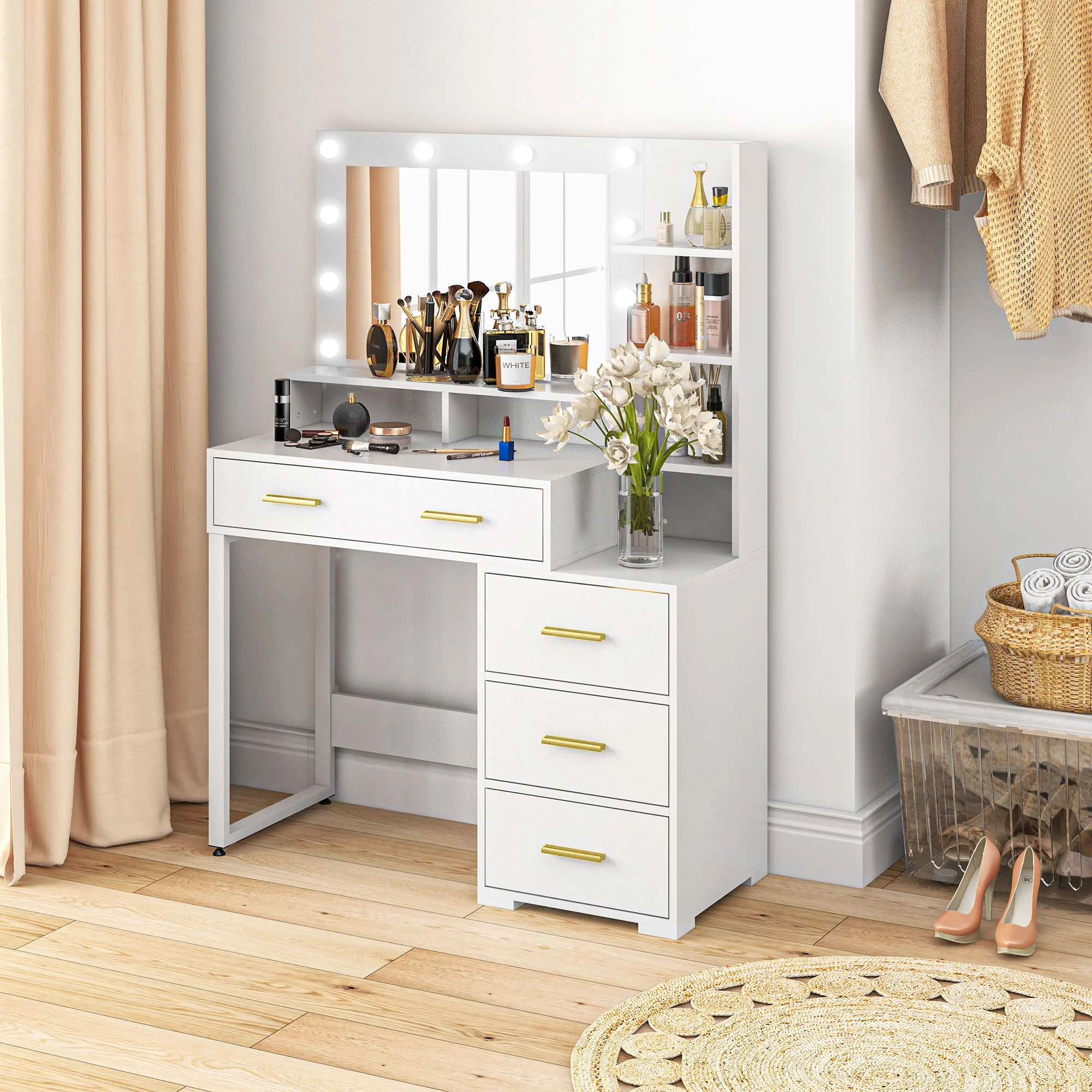 Coiffeuse avec miroir et 9 lumières LED, table de maquillage style moderne - 4 tiroirs et 6 compartiments ouverts, coiffeuse pour chambre à coucher, salon, 100 x 40 x 138 cm, blanc - Image 3