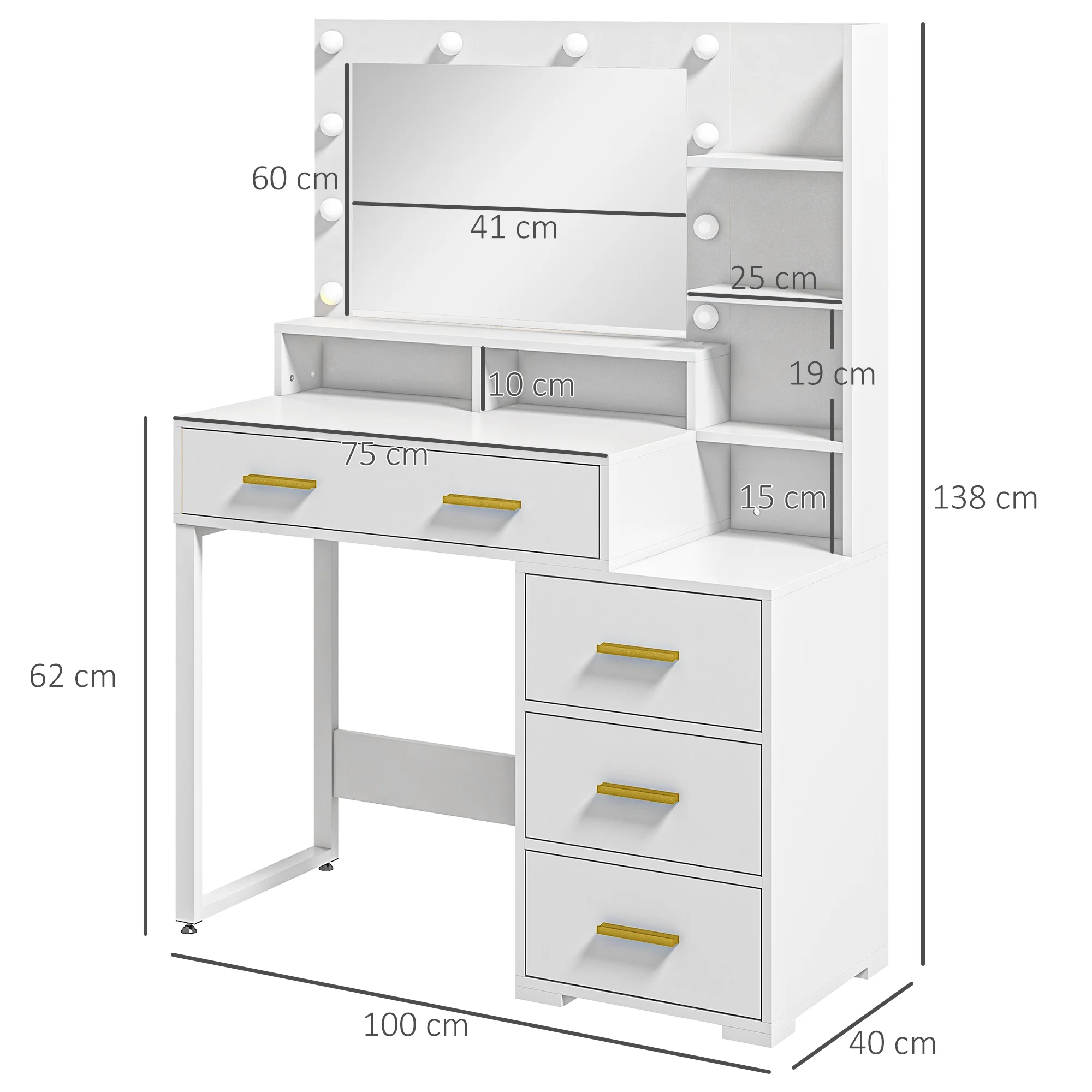 Coiffeuse avec miroir et 9 lumières LED, table de maquillage style moderne - 4 tiroirs et 6 compartiments ouverts, coiffeuse pour chambre à coucher, salon, 100 x 40 x 138 cm, blanc - Image 4