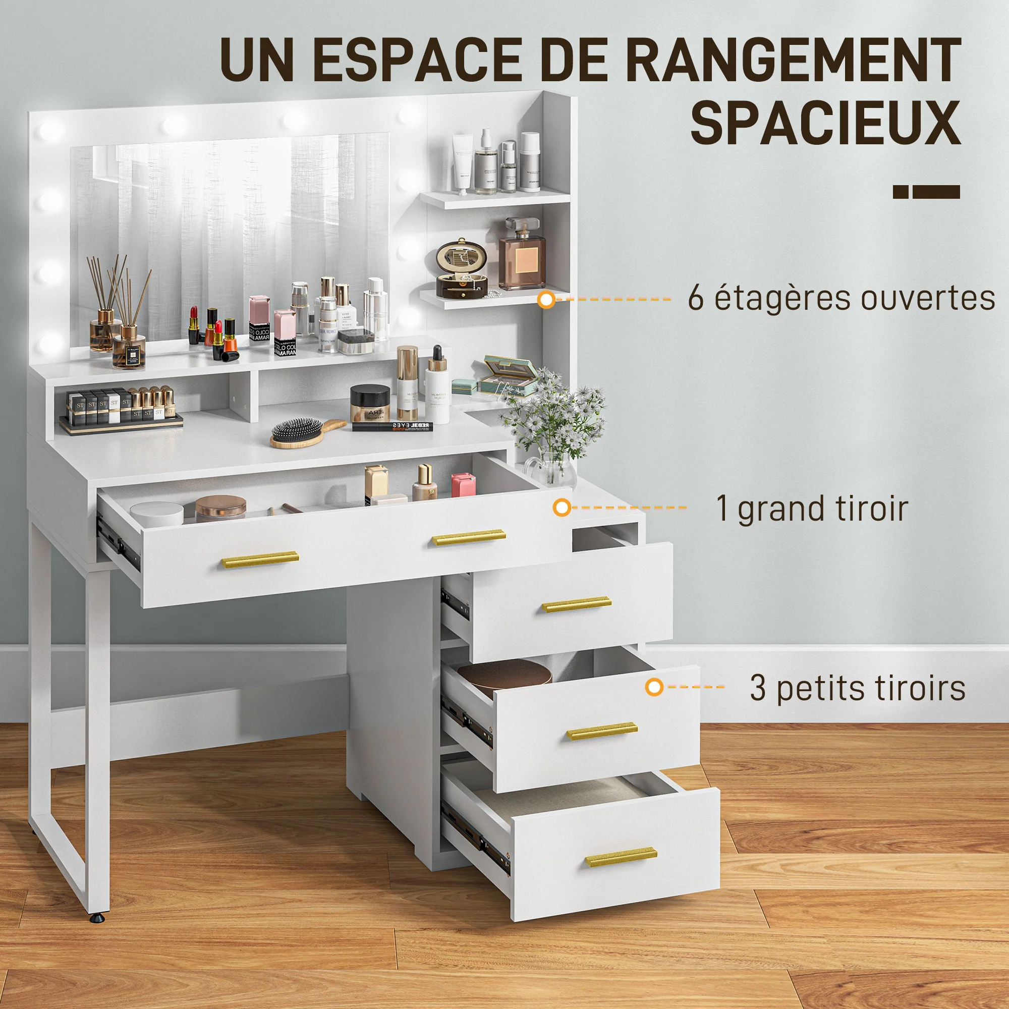 Coiffeuse avec miroir et 9 lumières LED, table de maquillage style moderne - 4 tiroirs et 6 compartiments ouverts, coiffeuse pour chambre à coucher, salon, 100 x 40 x 138 cm, blanc - Image 5