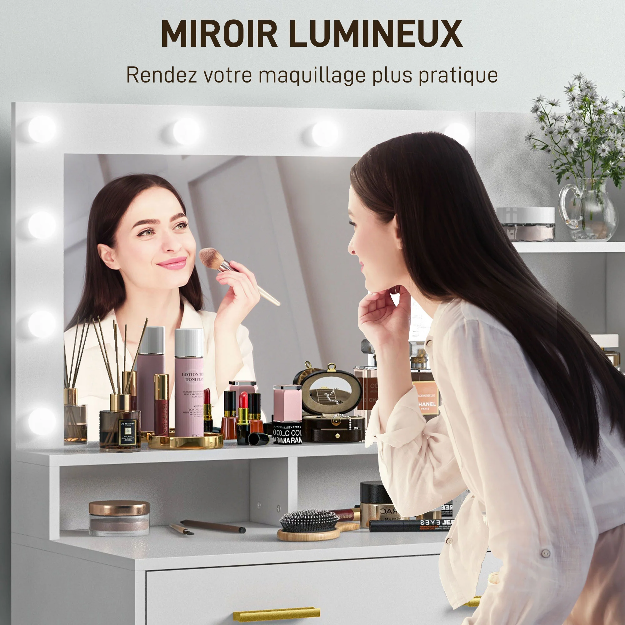 Coiffeuse avec miroir et 9 lumières LED, table de maquillage style moderne - 4 tiroirs et 6 compartiments ouverts, coiffeuse pour chambre à coucher, salon, 100 x 40 x 138 cm, blanc - Image 6