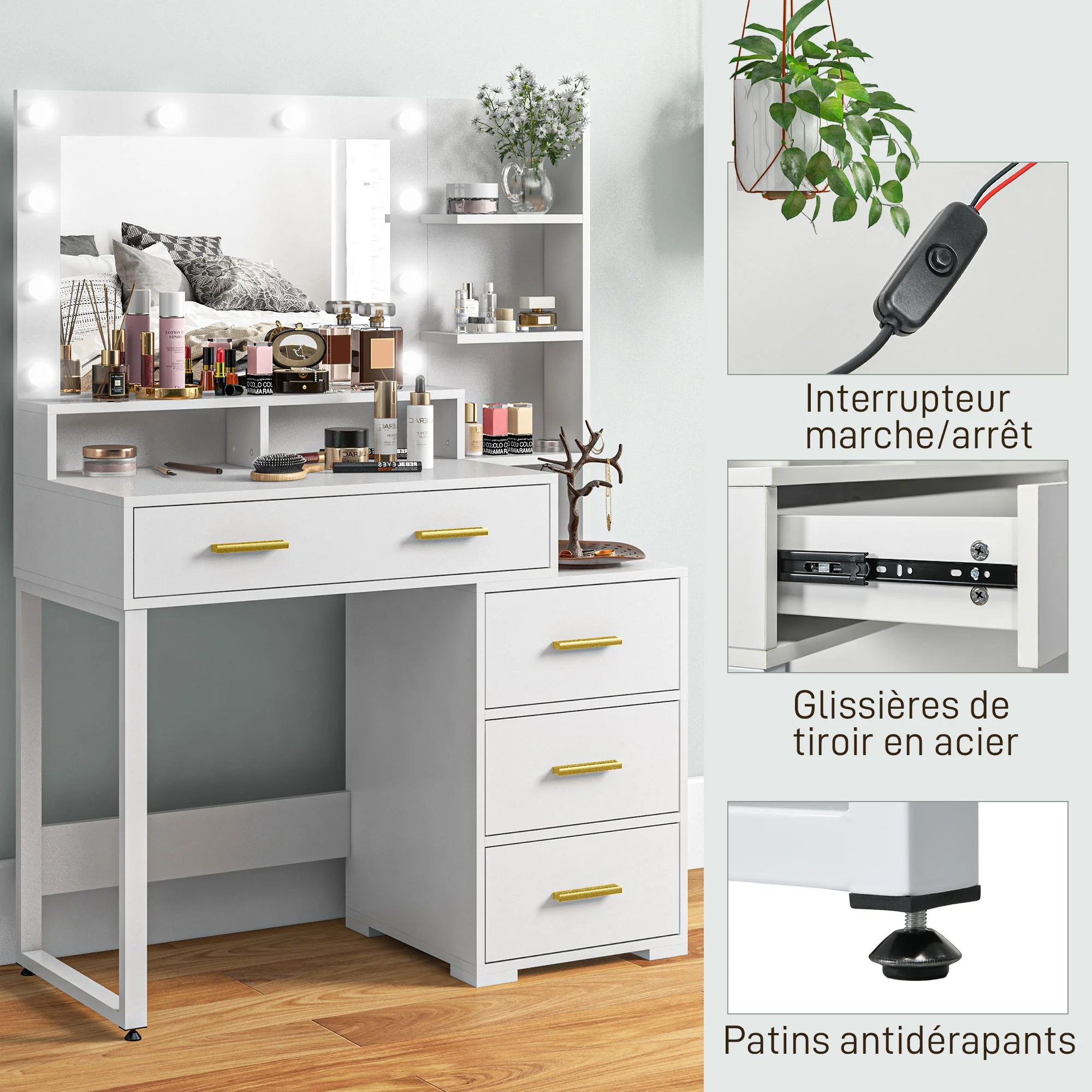Coiffeuse avec miroir et 9 lumières LED, table de maquillage style moderne - 4 tiroirs et 6 compartiments ouverts, coiffeuse pour chambre à coucher, salon, 100 x 40 x 138 cm, blanc - Image 7