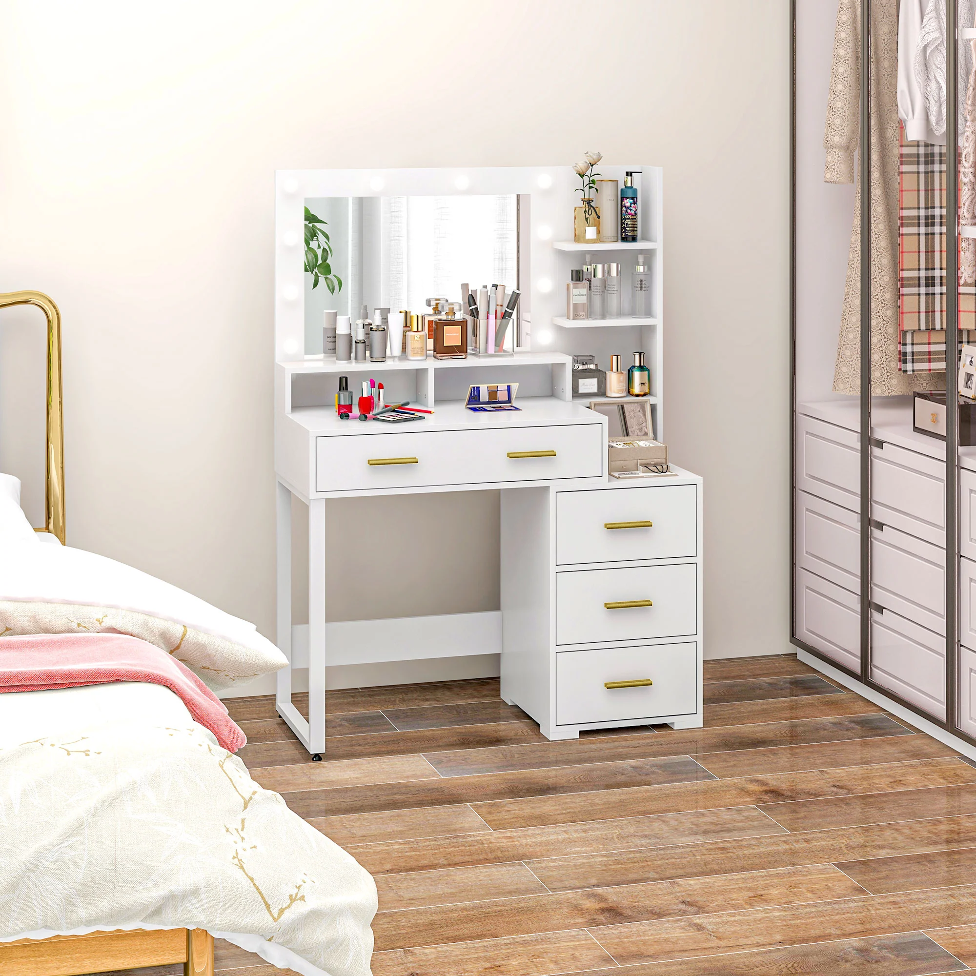 Coiffeuse avec miroir et 9 lumières LED, table de maquillage style moderne - 4 tiroirs et 6 compartiments ouverts, coiffeuse pour chambre à coucher, salon, 100 x 40 x 138 cm, blanc - Image 8