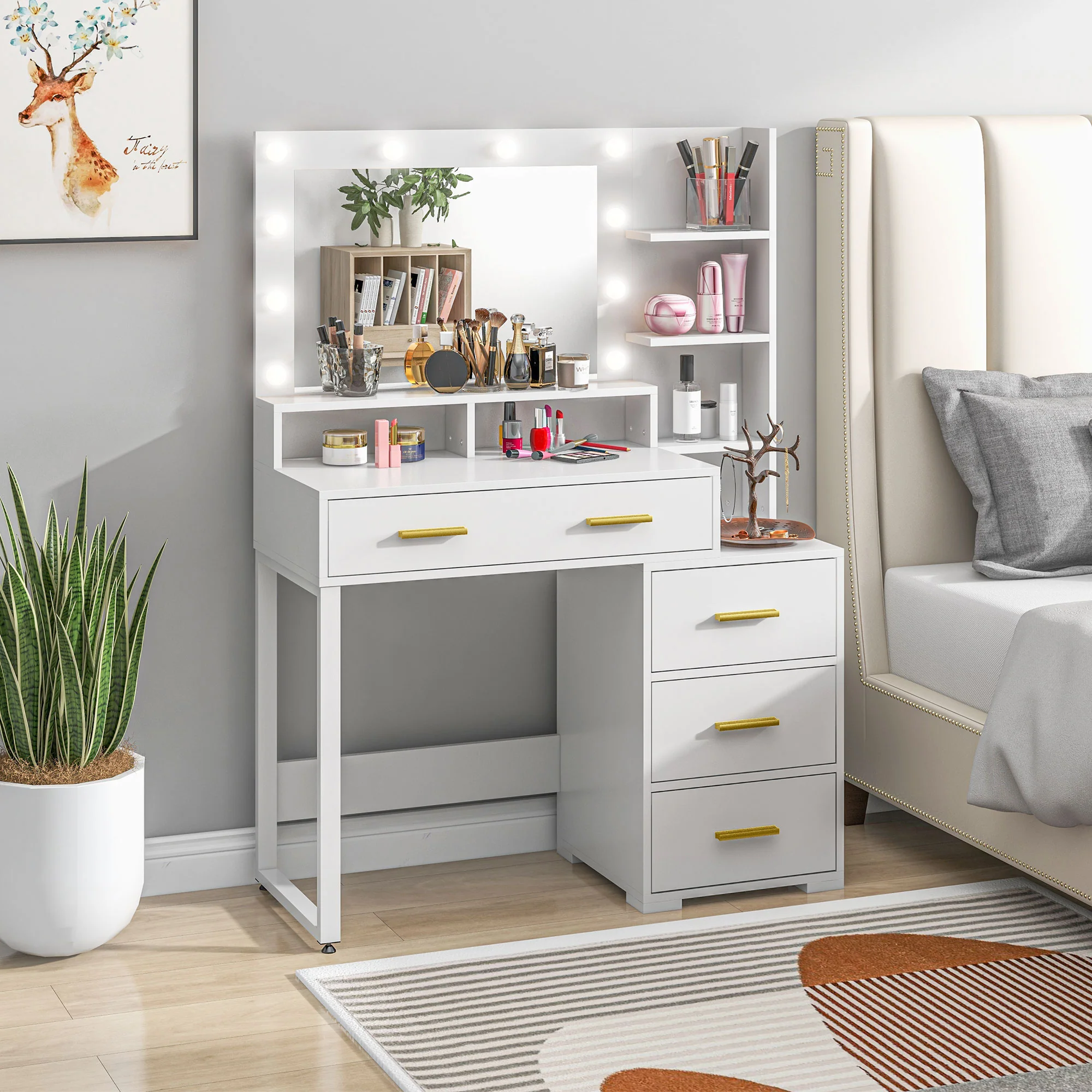 Coiffeuse avec miroir et 9 lumières LED, table de maquillage style moderne - 4 tiroirs et 6 compartiments ouverts, coiffeuse pour chambre à coucher, salon, 100 x 40 x 138 cm, blanc - Image 9
